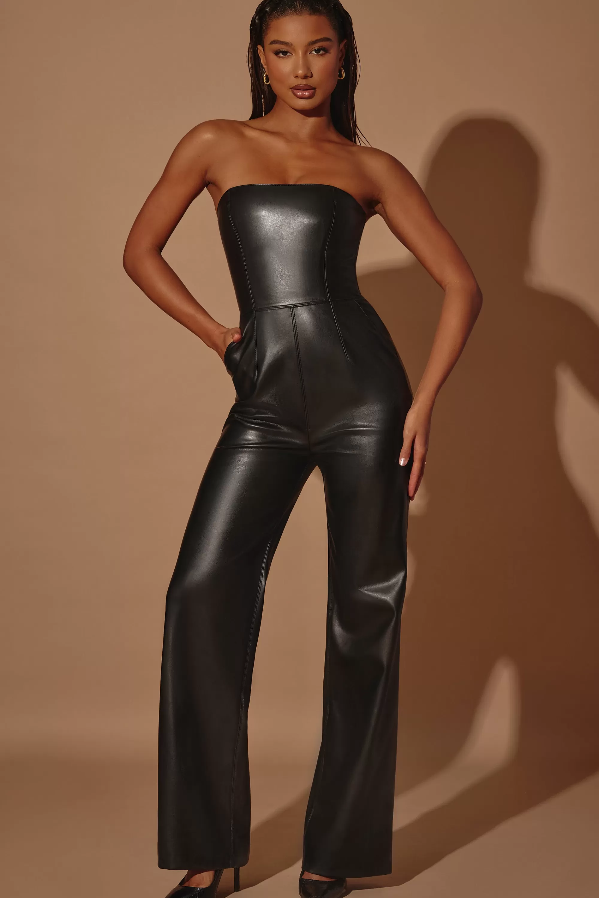 Oh Polly Strapless Wide Leg Vegan Leather Jumpsuit in Black Discount