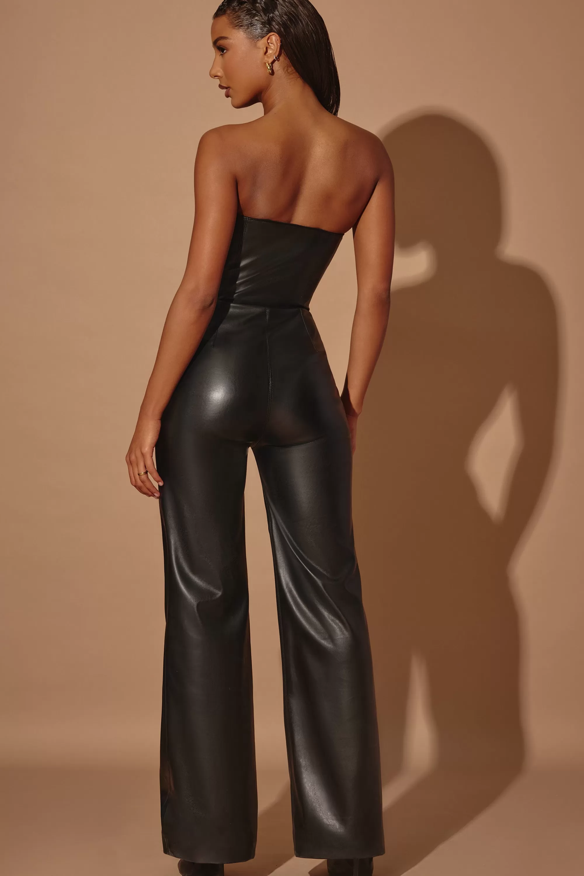 Oh Polly Strapless Wide Leg Vegan Leather Jumpsuit in Black Discount