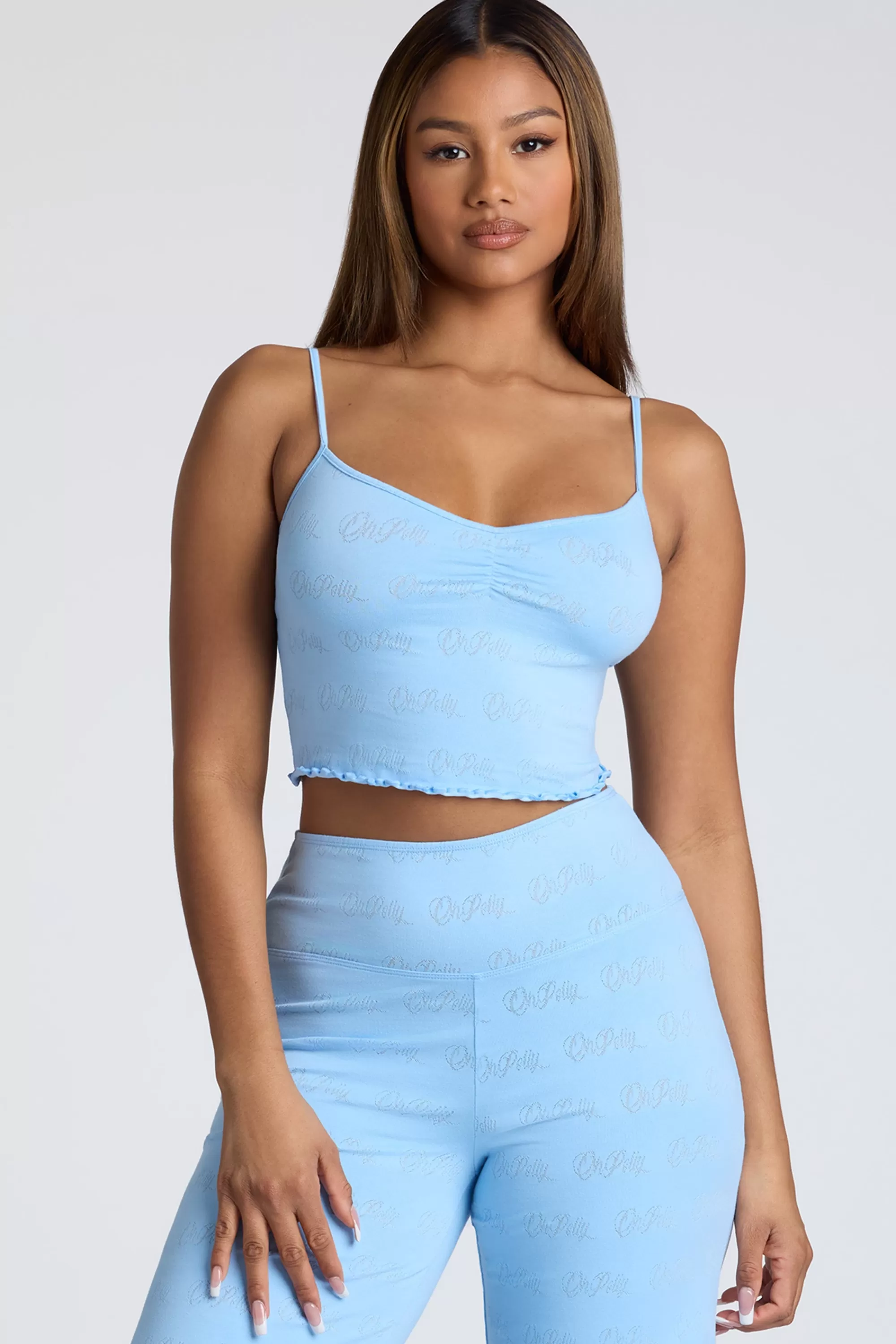 Oh Polly Strappy Ruched Pointelle Crop Top in Baby Blue BabyBlue Outlet