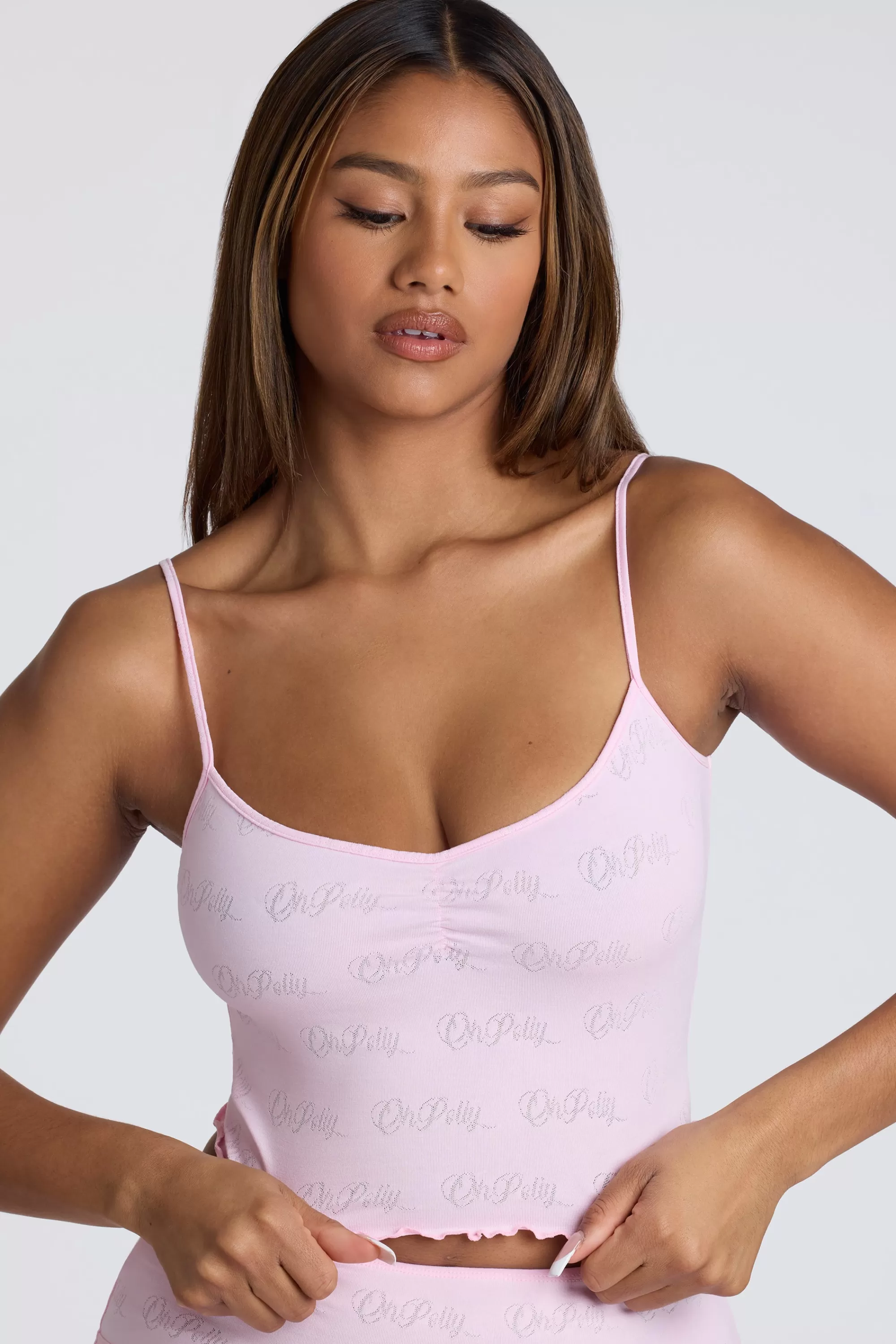 Oh Polly Strappy Ruched Pointelle Crop Top in Baby Pink BabyPink Best