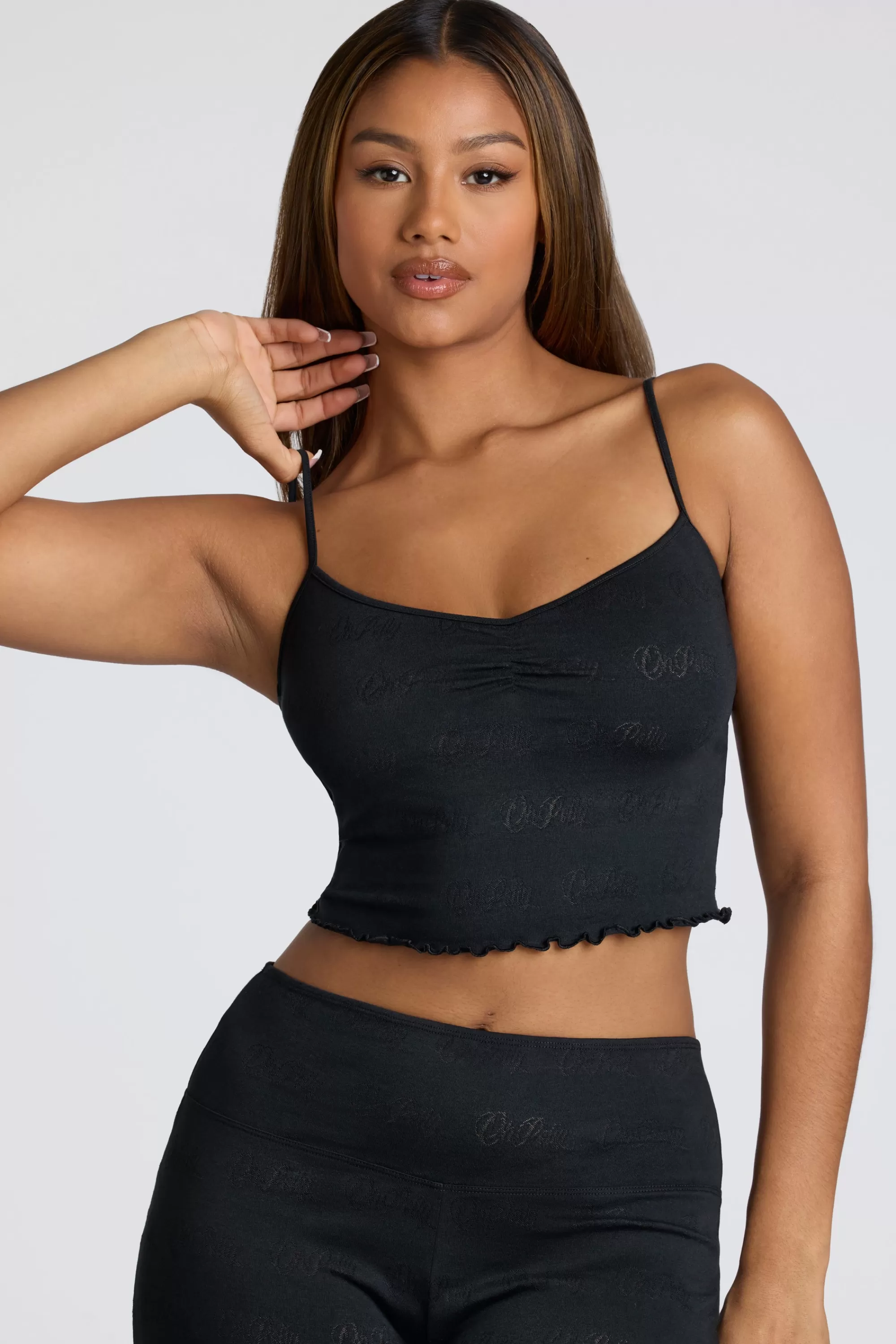 Oh Polly Strappy Ruched Pointelle Crop Top in Black Sale