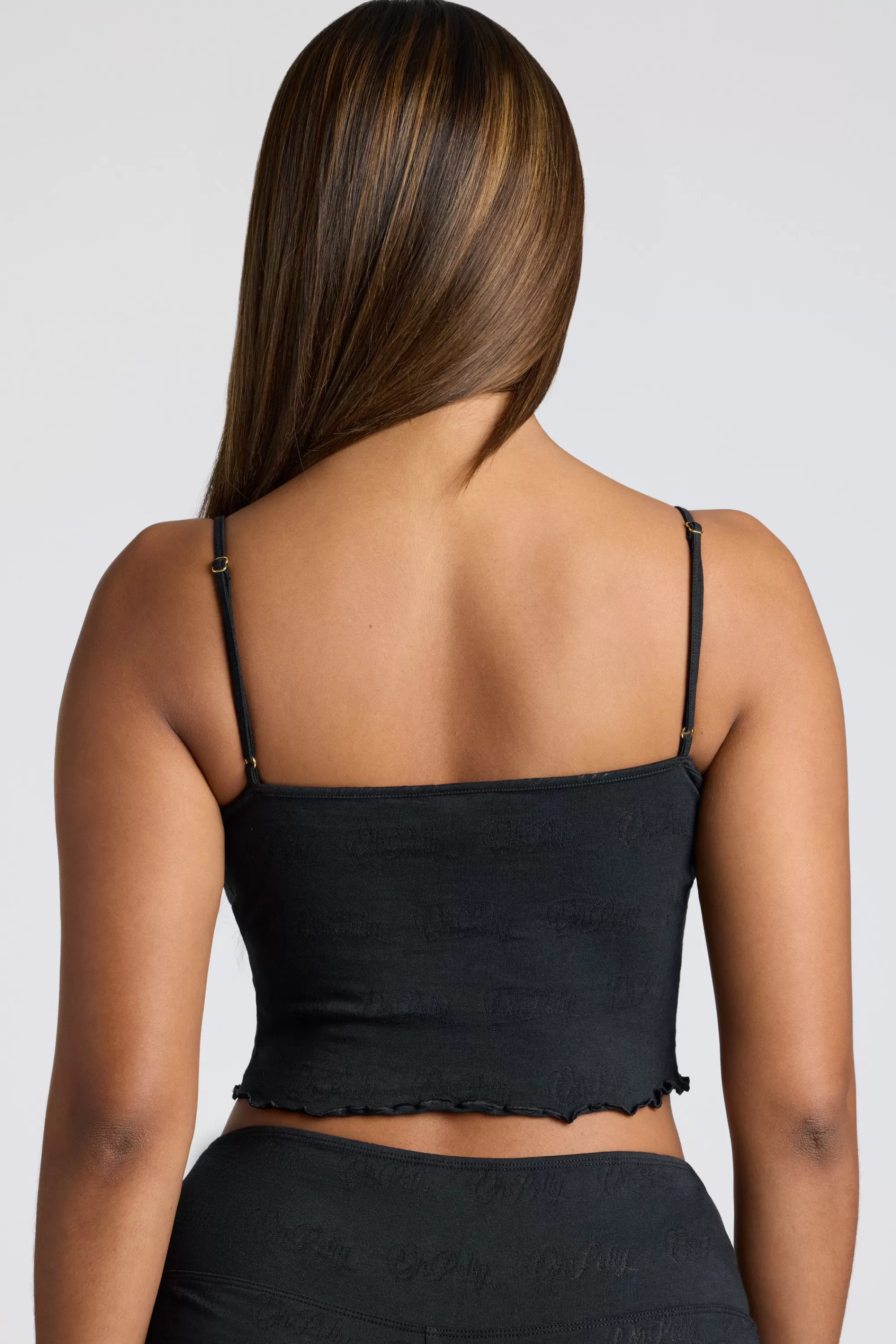 Oh Polly Strappy Ruched Pointelle Crop Top in Black Sale