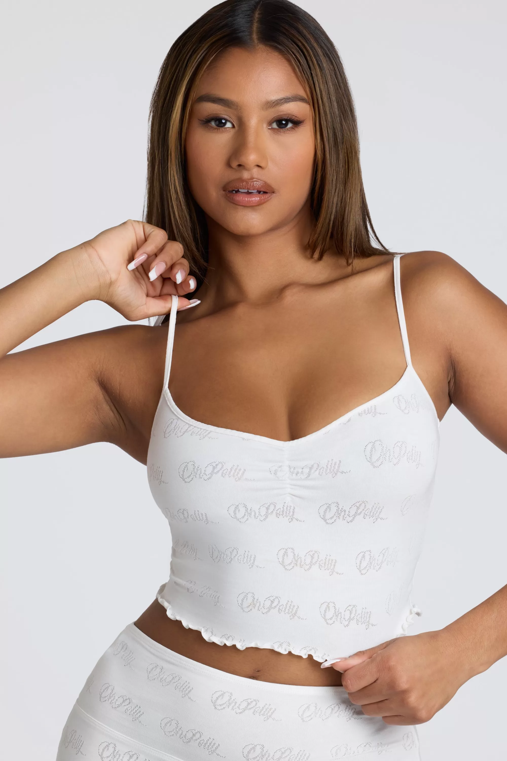 Oh Polly Strappy Ruched Pointelle Crop Top in White Online