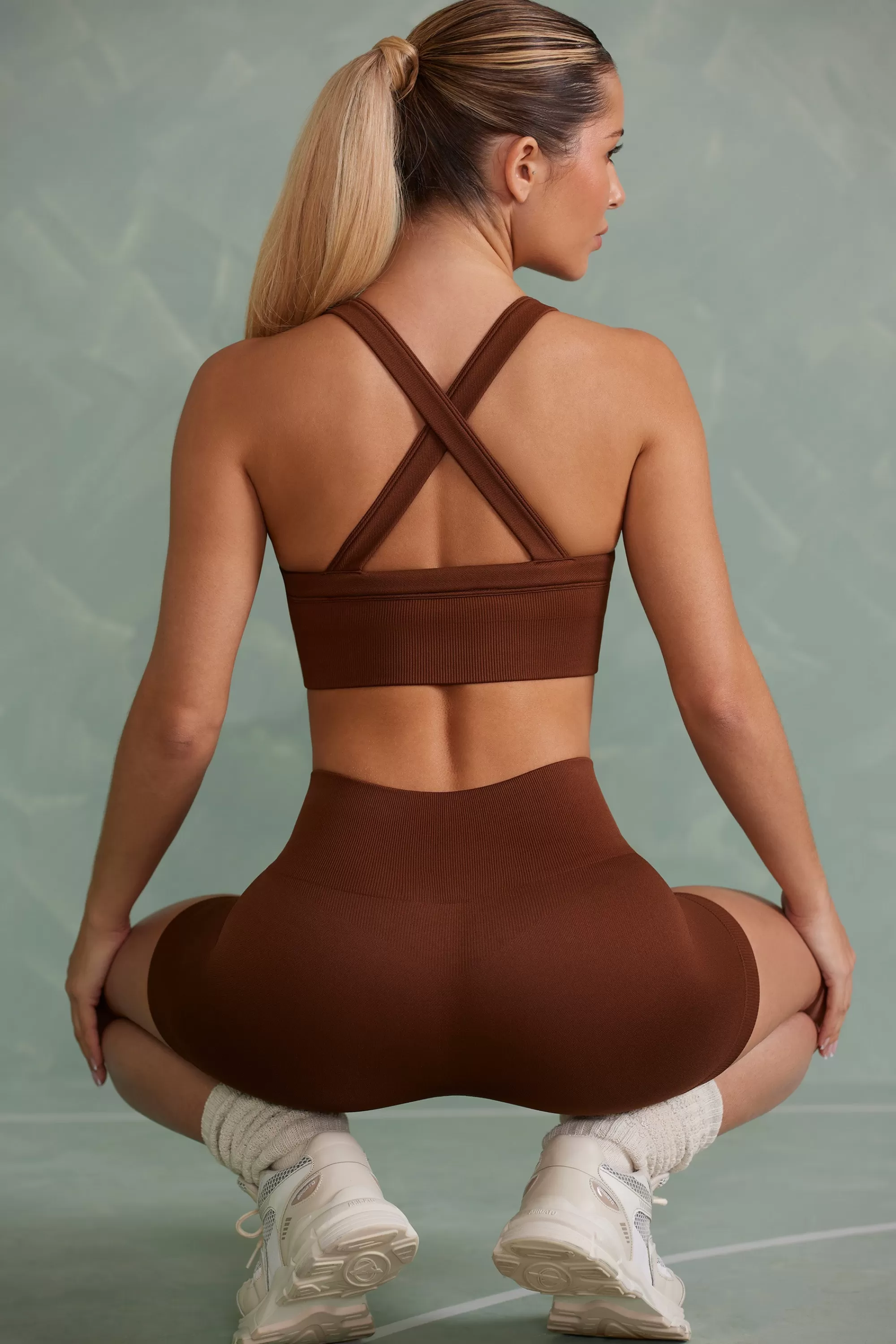 Oh Polly Super Sculpt Cross Back Sports Bra in Copper Brown CopperBrown Store
