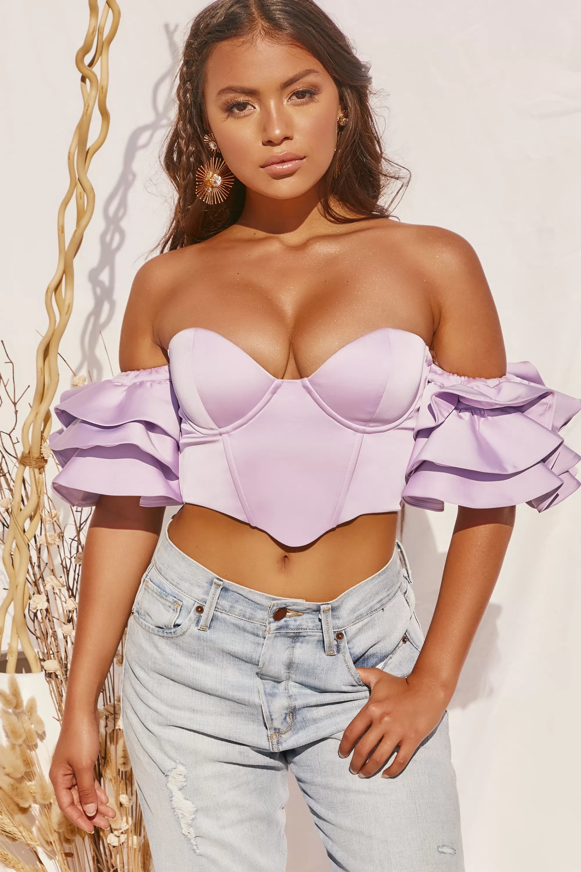 Oh Polly Sweet Bliss Bardot Ruffle Sleeve Crop Top in Lilac Best