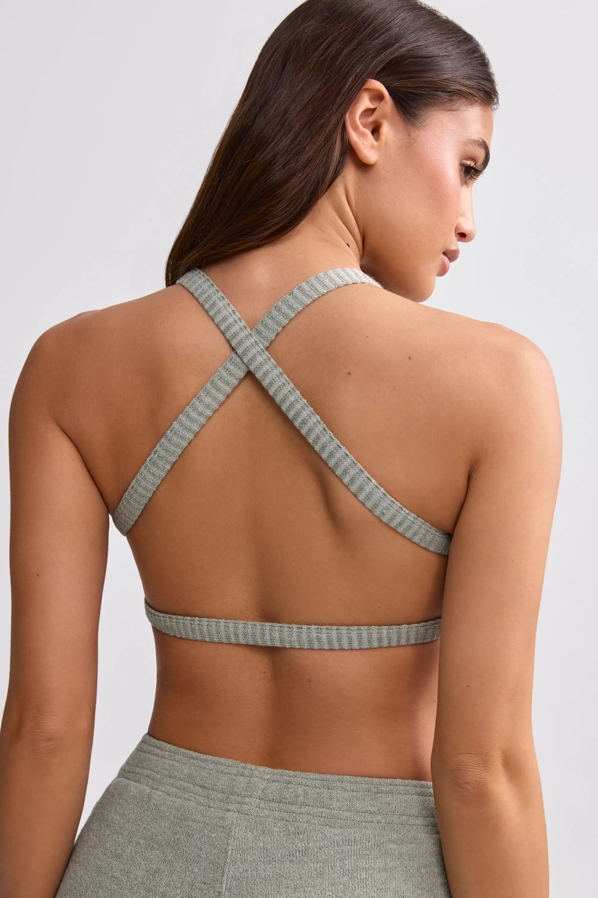 Oh Polly Terry Towelling Scoop-Neck Bralette in Sage Grey SageGrey New