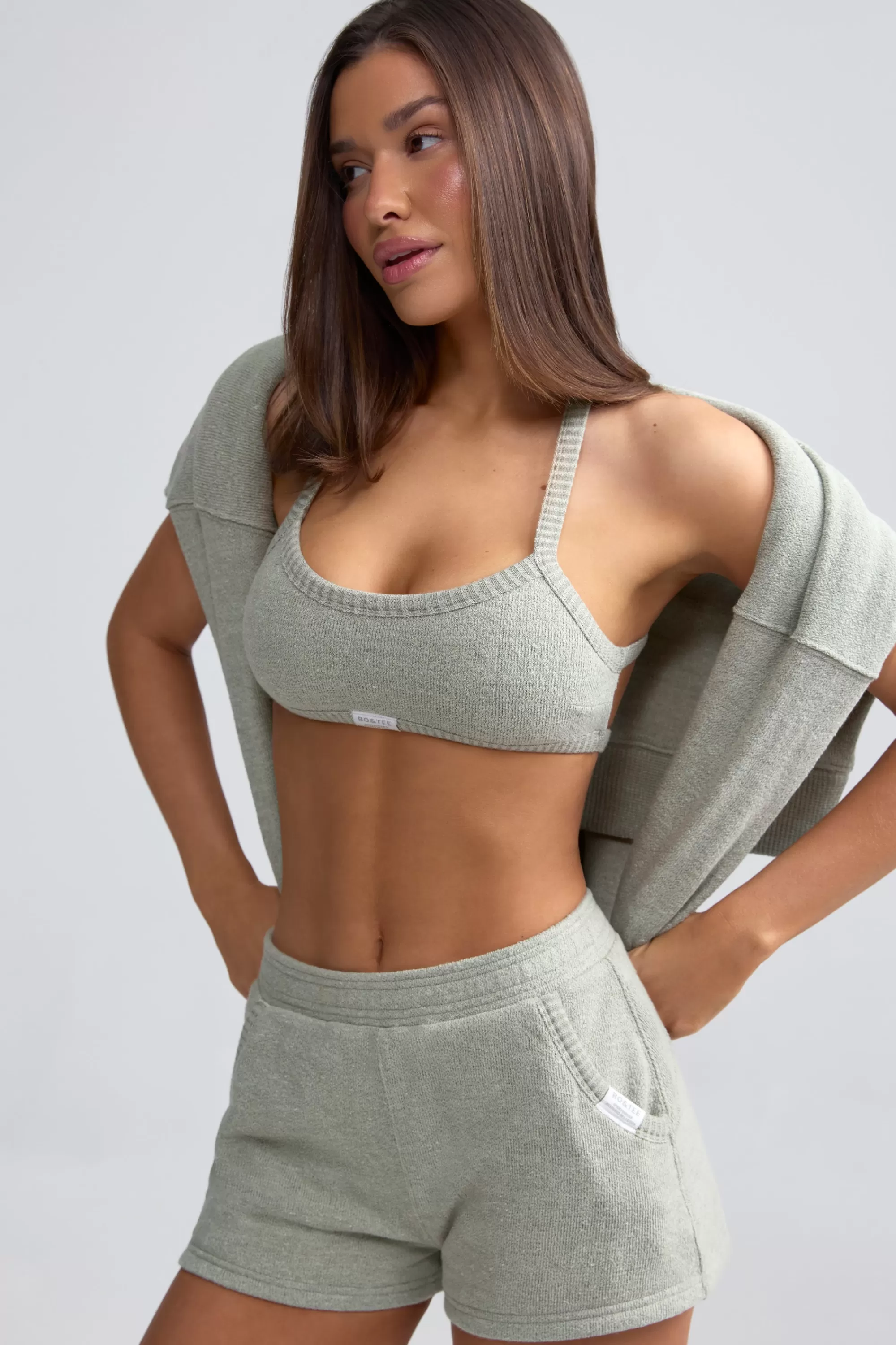 Oh Polly Terry Towelling Shorts in Sage Grey SageGrey Hot