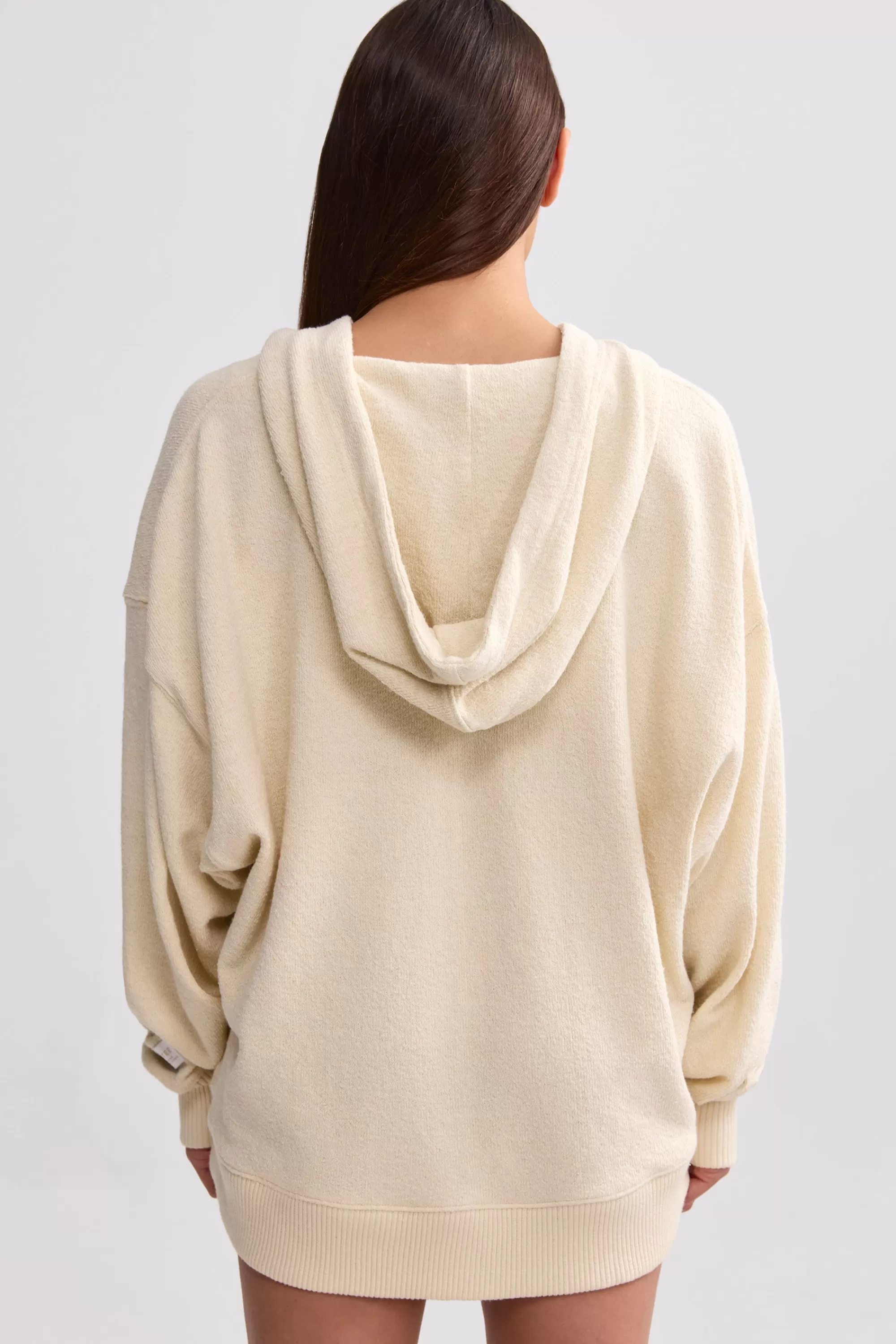 Oh Polly Terry Towelling V-Neck Hoodie in Cream Cheap