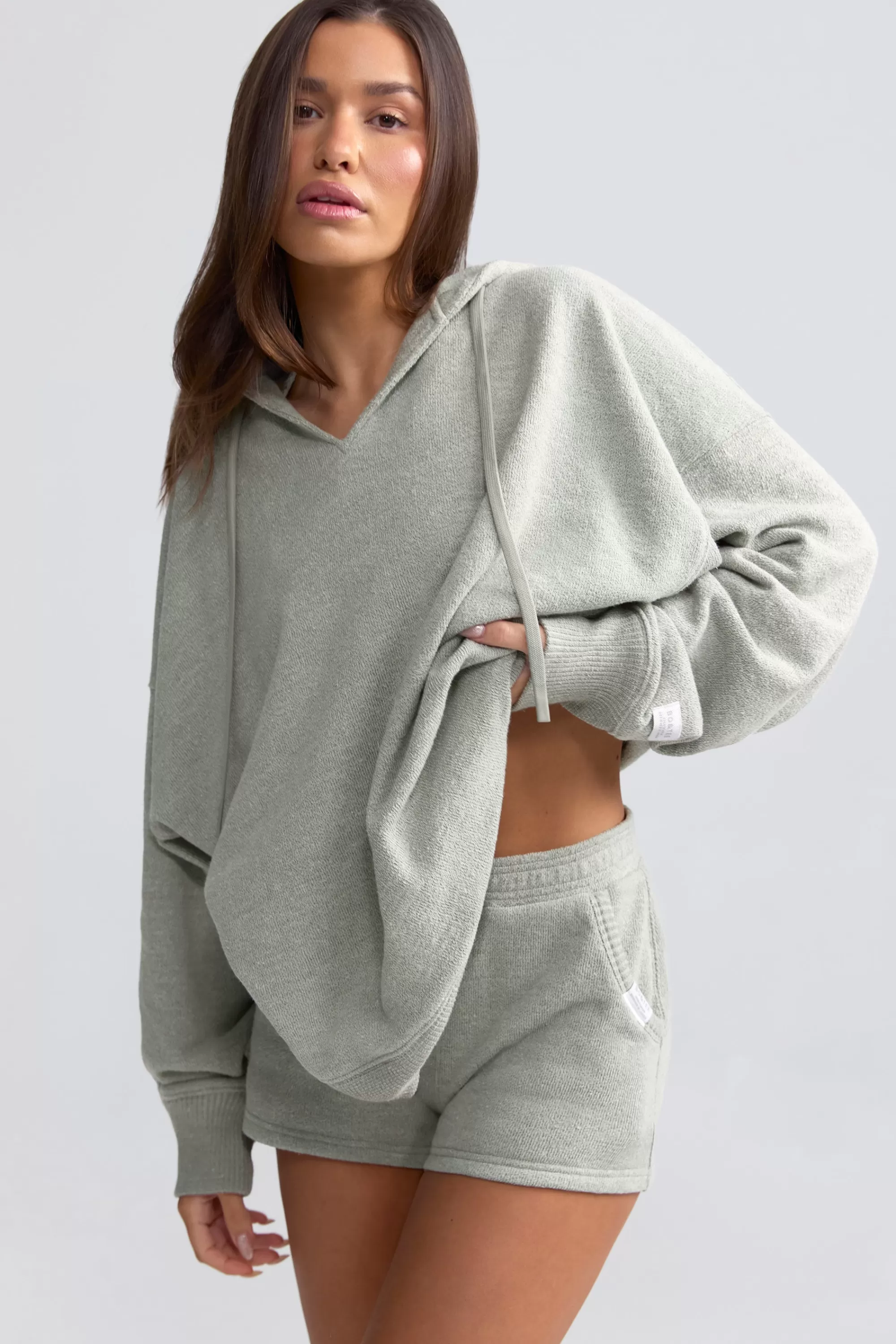 Oh Polly Terry Towelling V-Neck Hoodie in Sage Grey SageGrey Best Sale