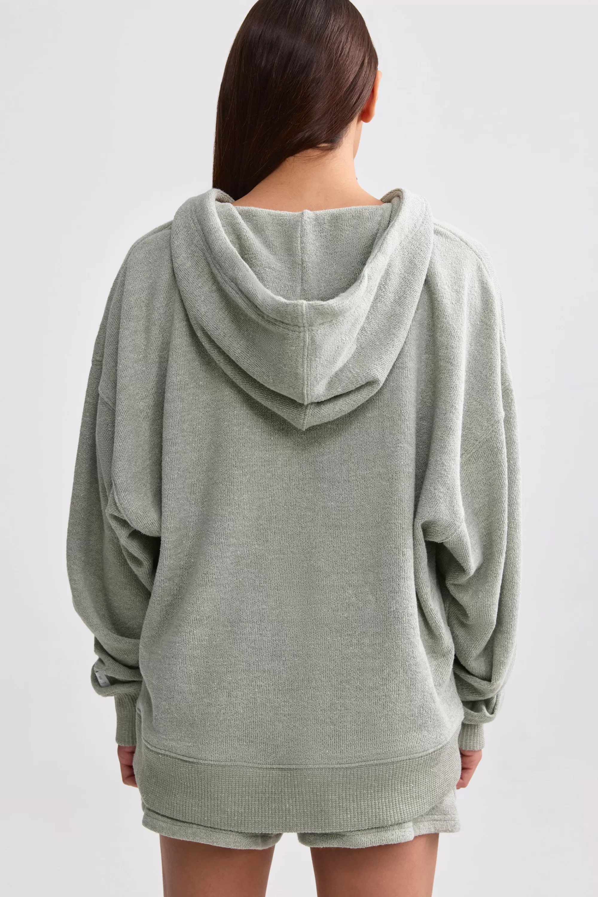 Oh Polly Terry Towelling V-Neck Hoodie in Sage Grey SageGrey Best Sale