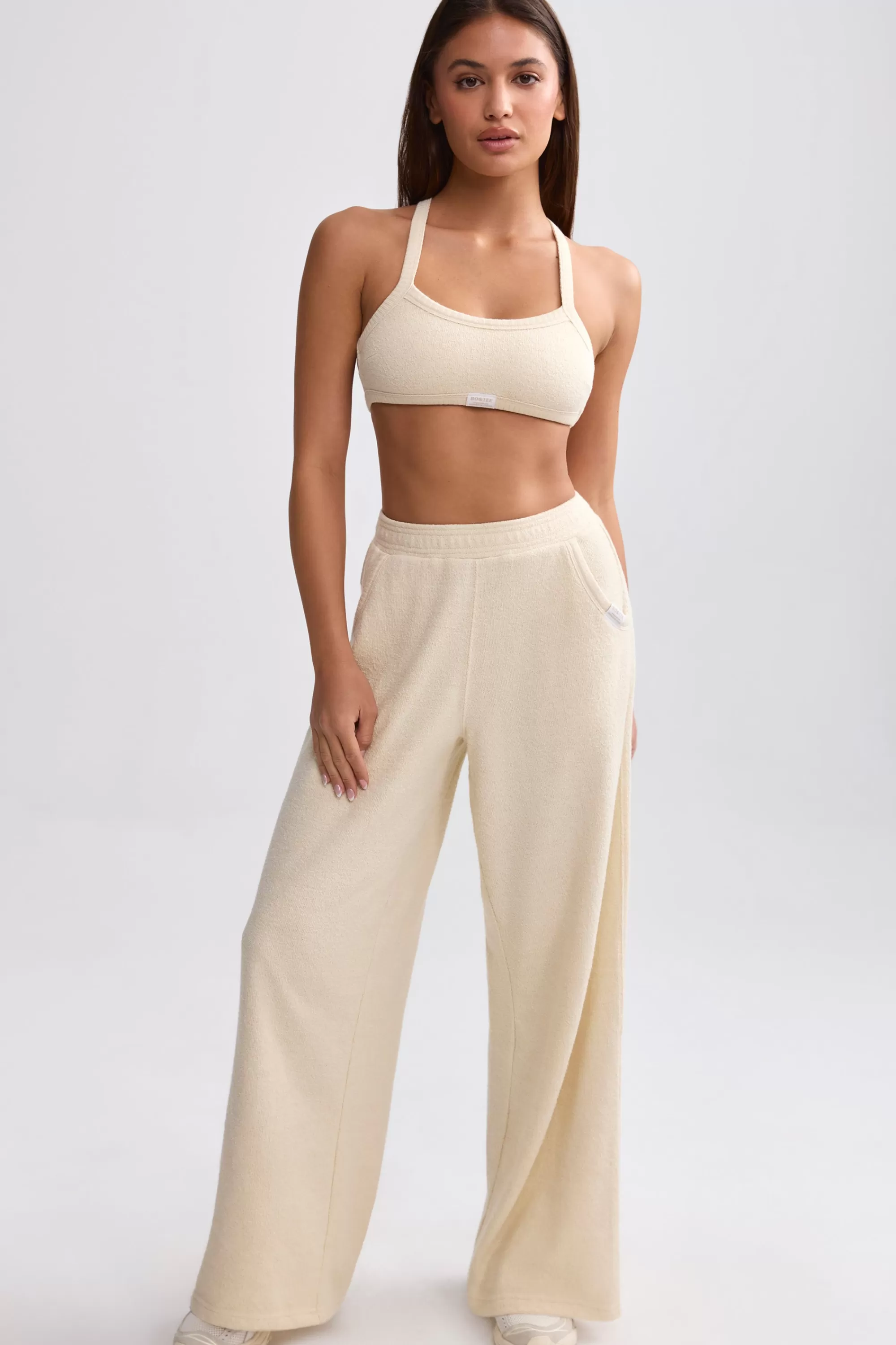 Oh Polly Terry Towelling Wide-Leg Joggers in Cream Shop