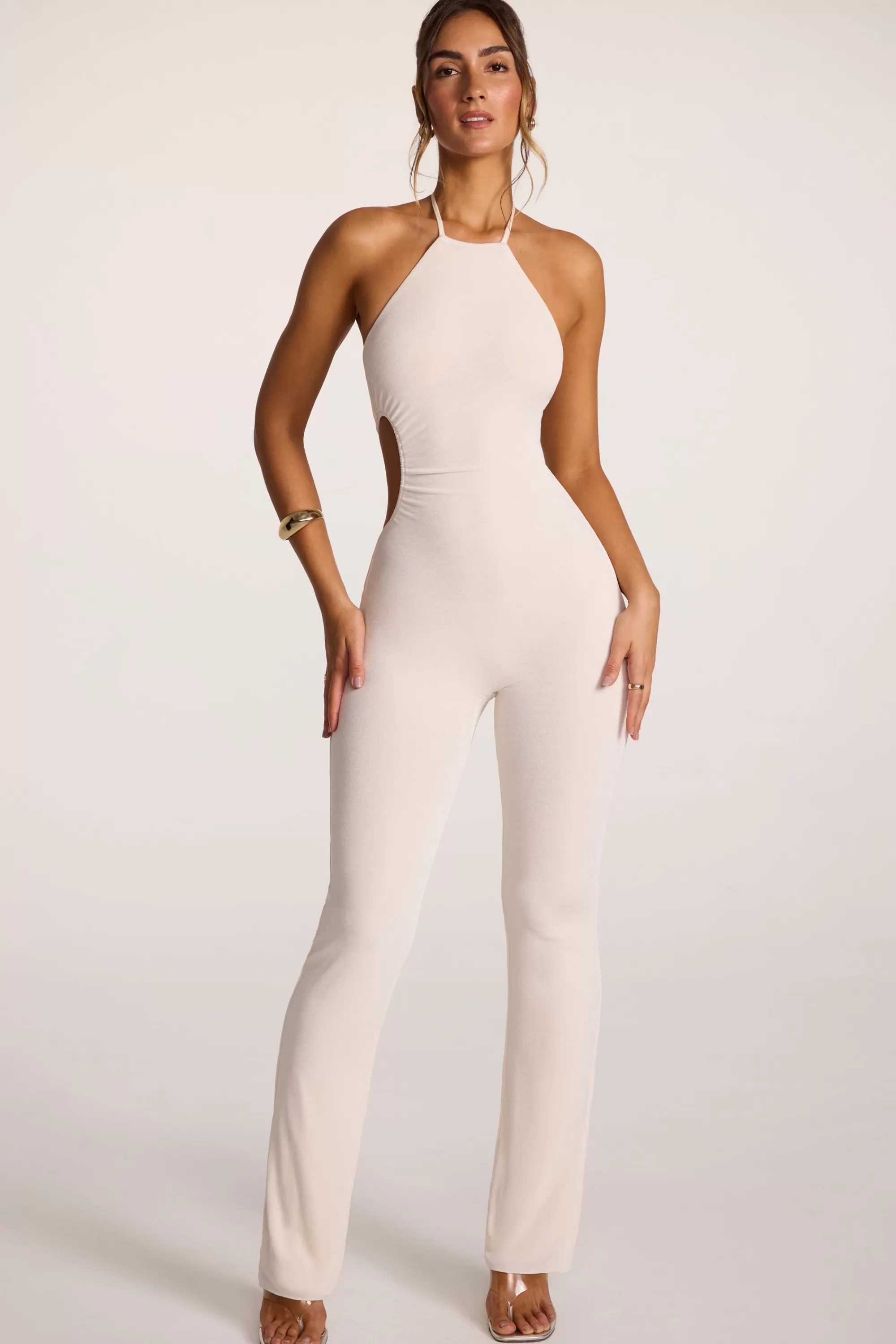 Oh Polly Textured Jersey Halter Neck Ruched Cut Out Jumpsuit in Ivory Fashion