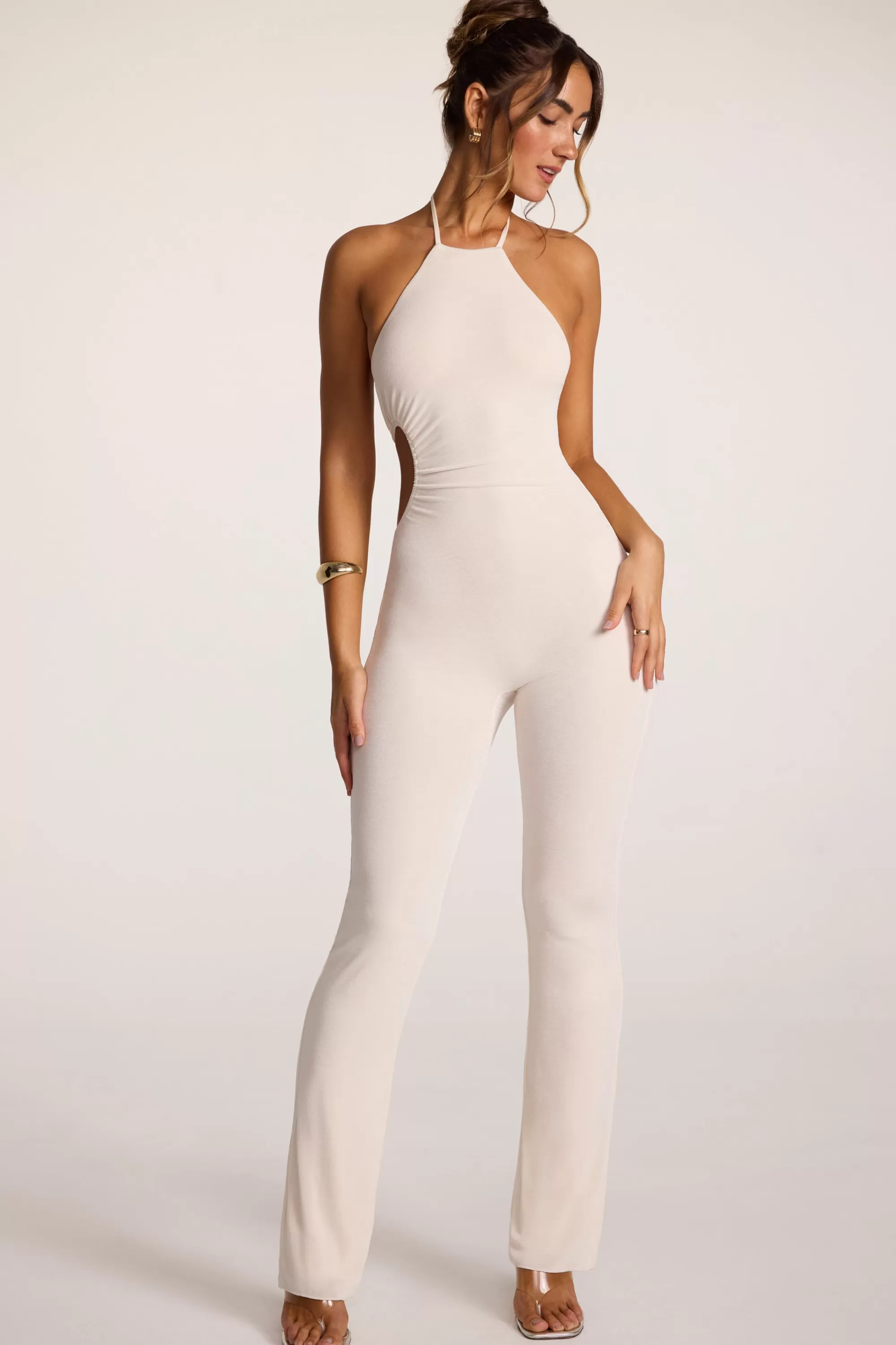 Oh Polly Textured Jersey Halter Neck Ruched Cut Out Jumpsuit in Ivory Fashion