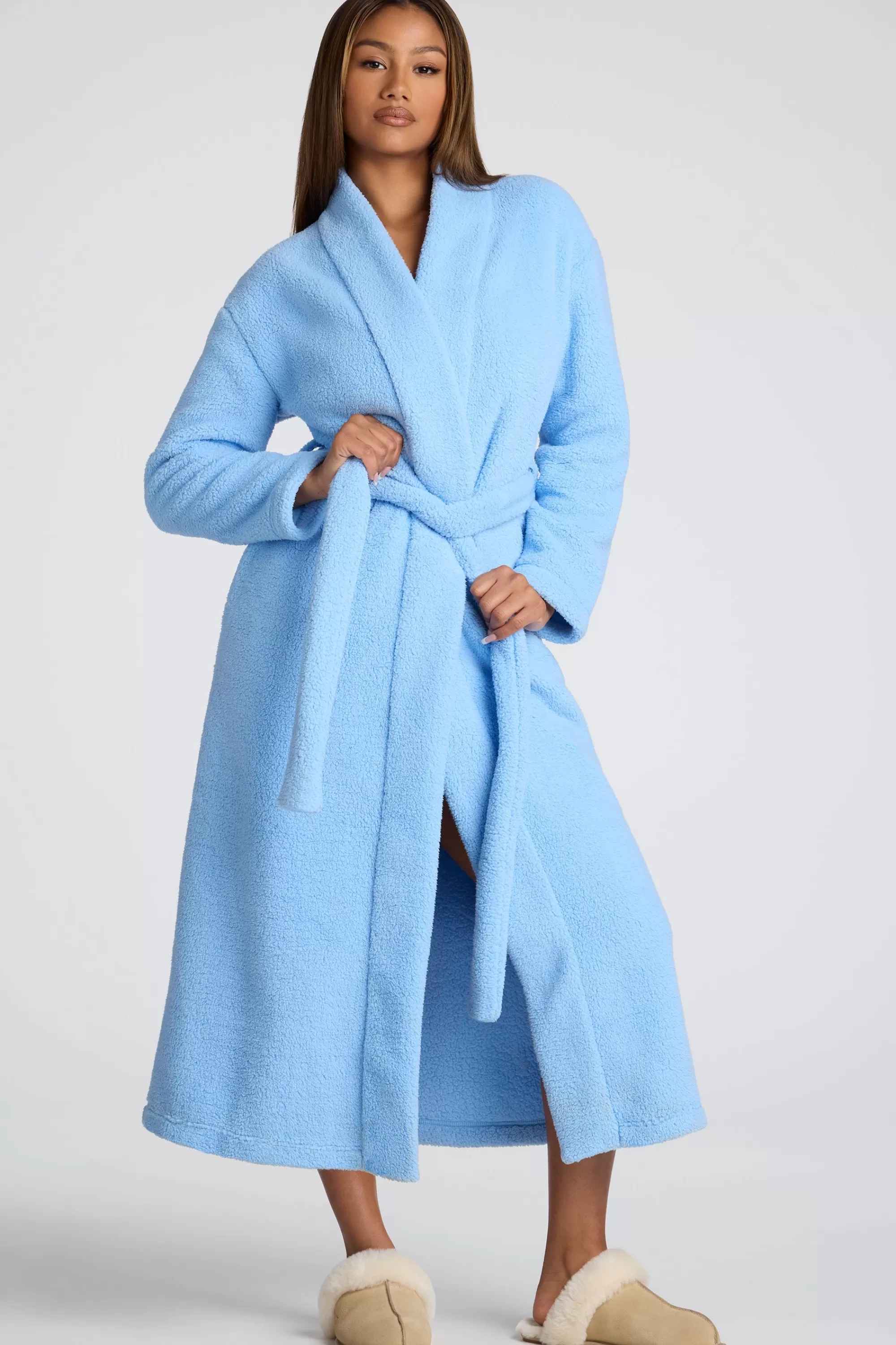 Oh Polly Tie Front Fleece Robe in Baby Blue BabyBlue Best