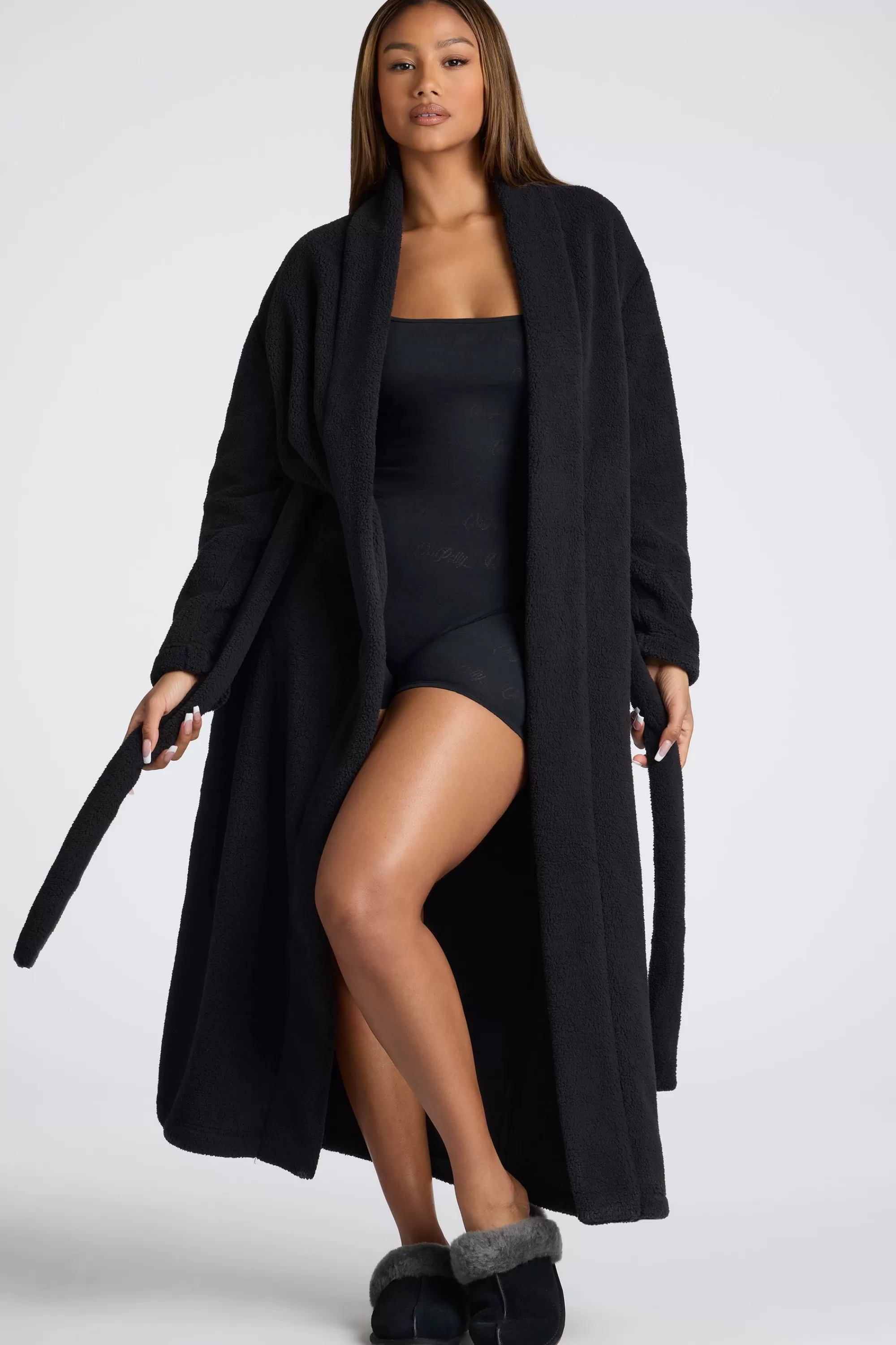 Oh Polly Tie Front Fleece Robe in Black Discount