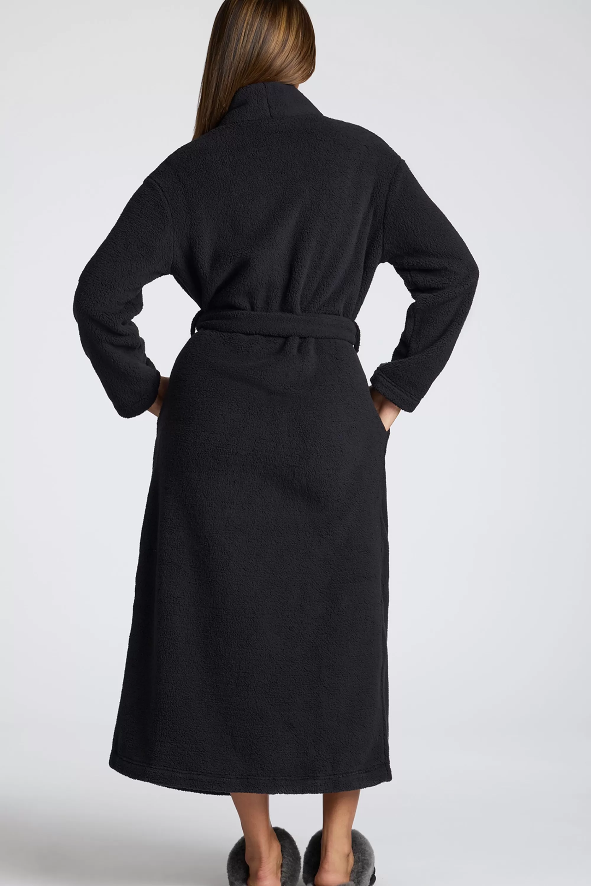 Oh Polly Tie Front Fleece Robe in Black Discount