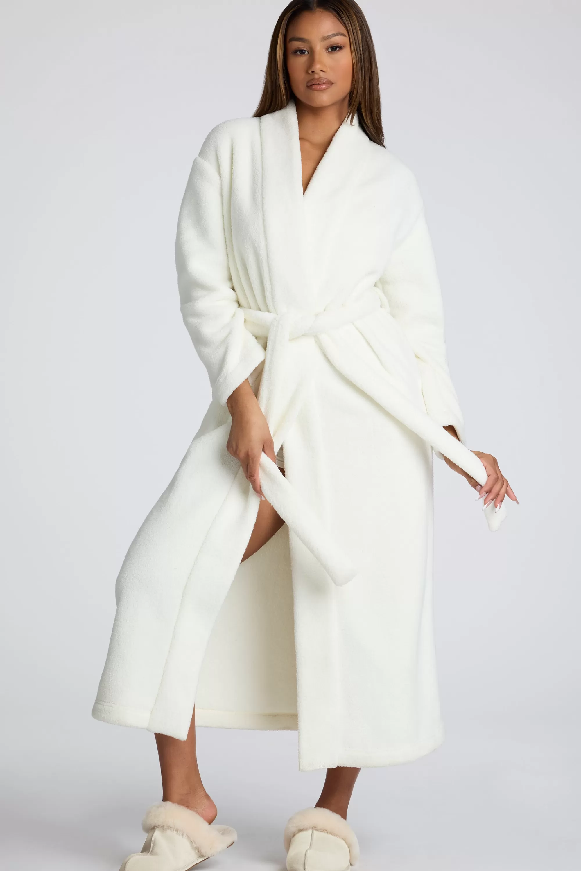 Oh Polly Tie Front Fleece Robe in White Cheap