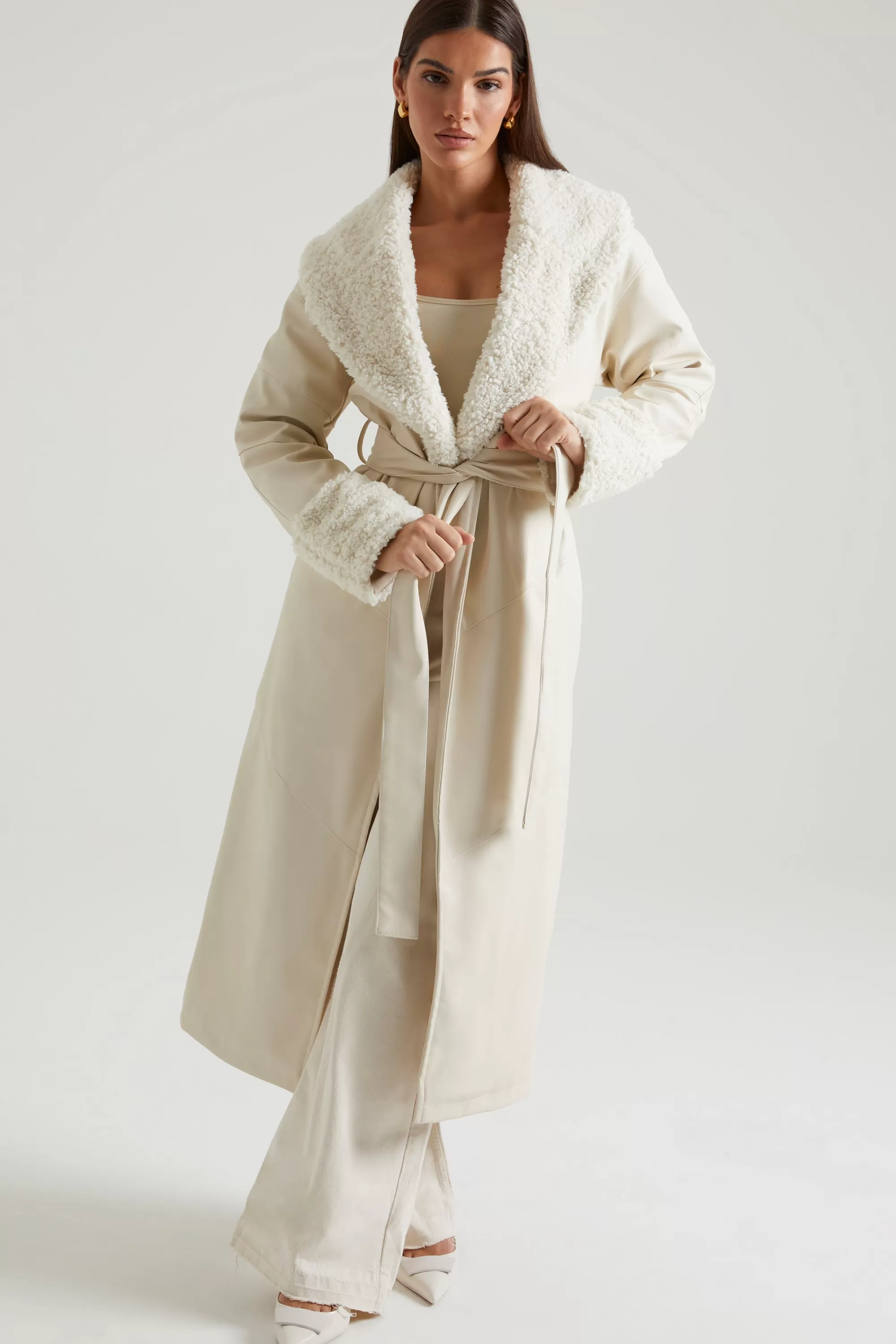 Oh Polly Tie Up Coat with Shearling Collar and Cuffs in Cream Outlet