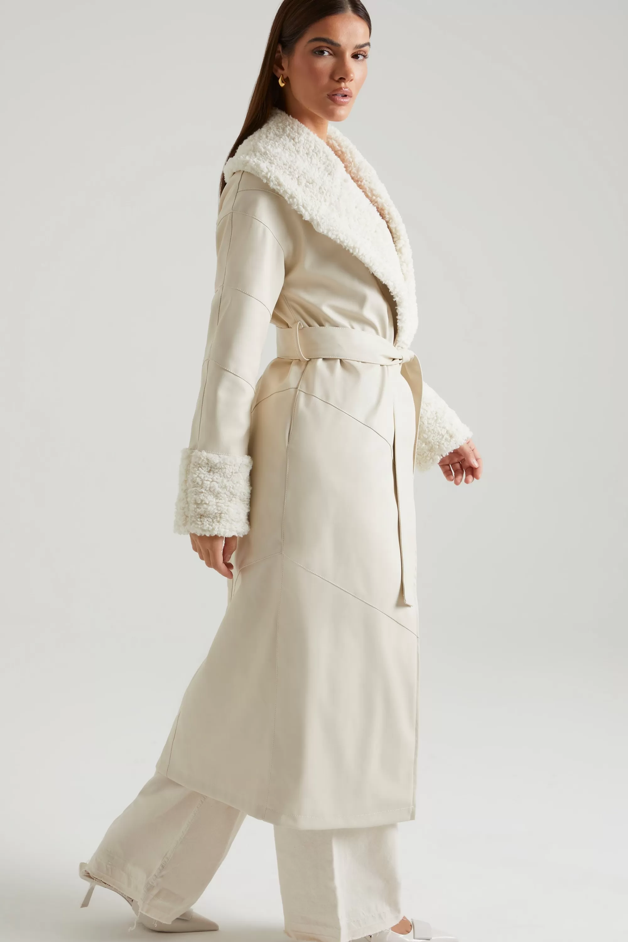 Oh Polly Tie Up Coat with Shearling Collar and Cuffs in Cream Outlet