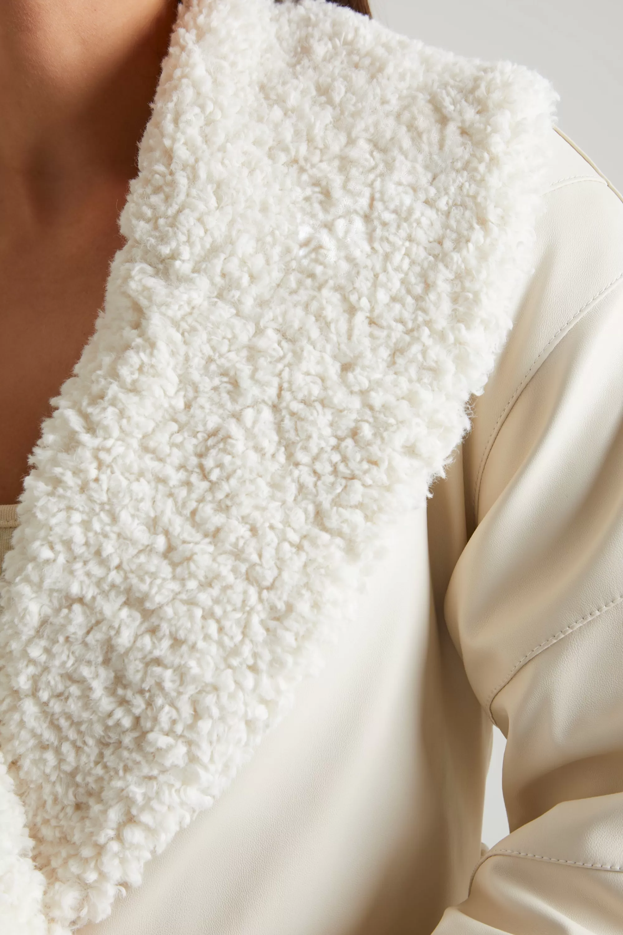 Oh Polly Tie Up Coat with Shearling Collar and Cuffs in Cream Outlet