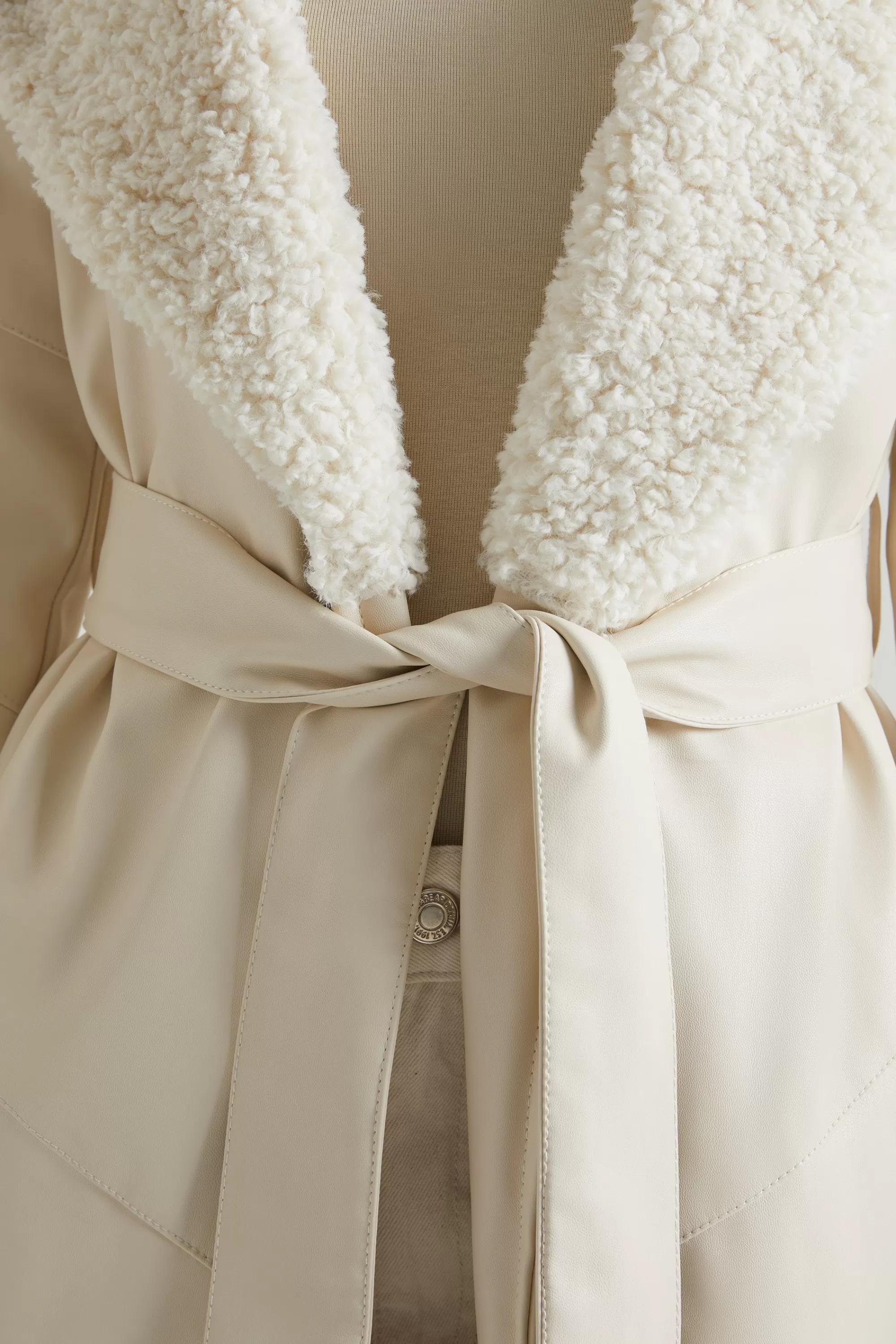 Oh Polly Tie Up Coat with Shearling Collar and Cuffs in Cream Outlet