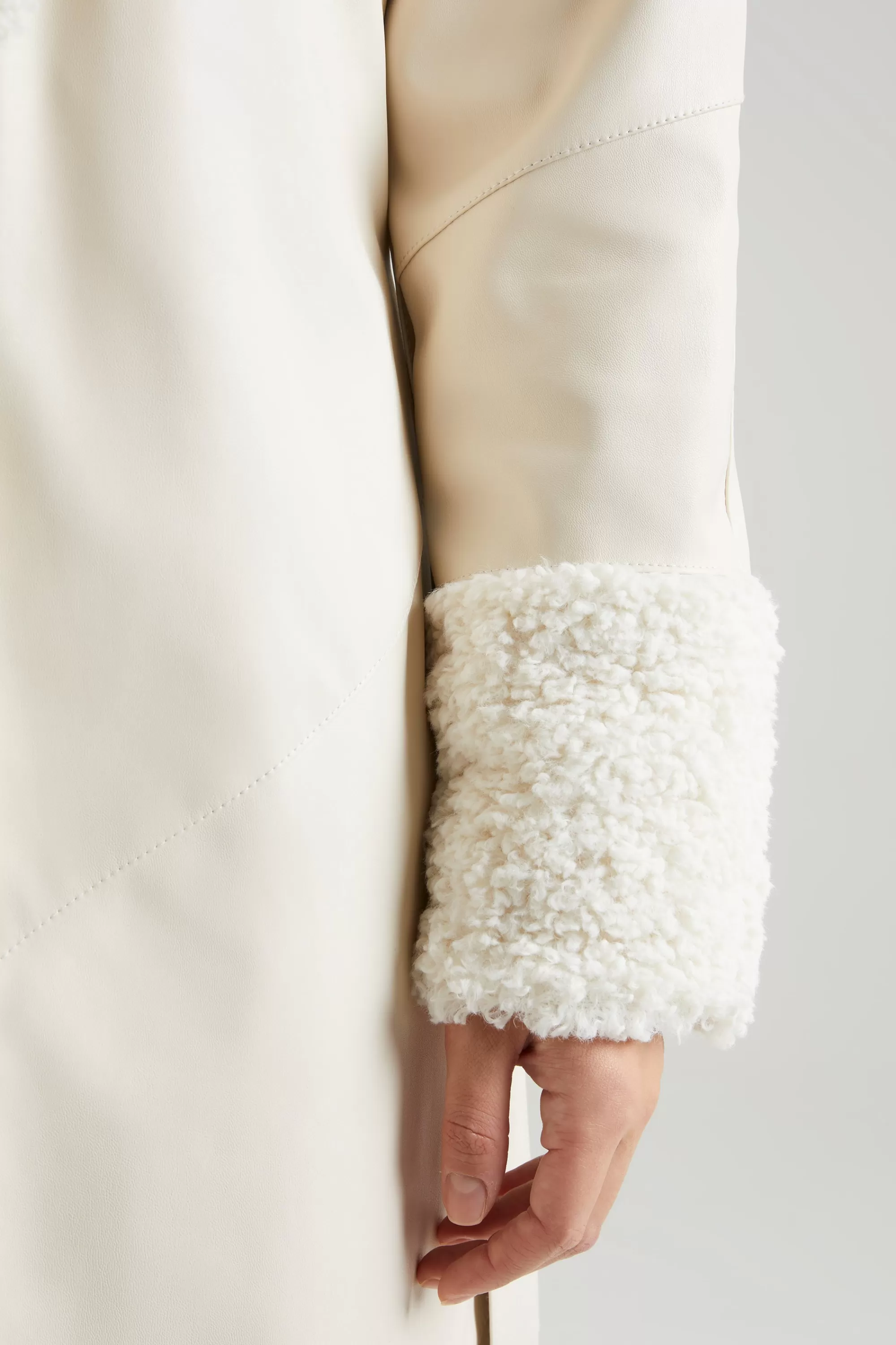 Oh Polly Tie Up Coat with Shearling Collar and Cuffs in Cream Outlet