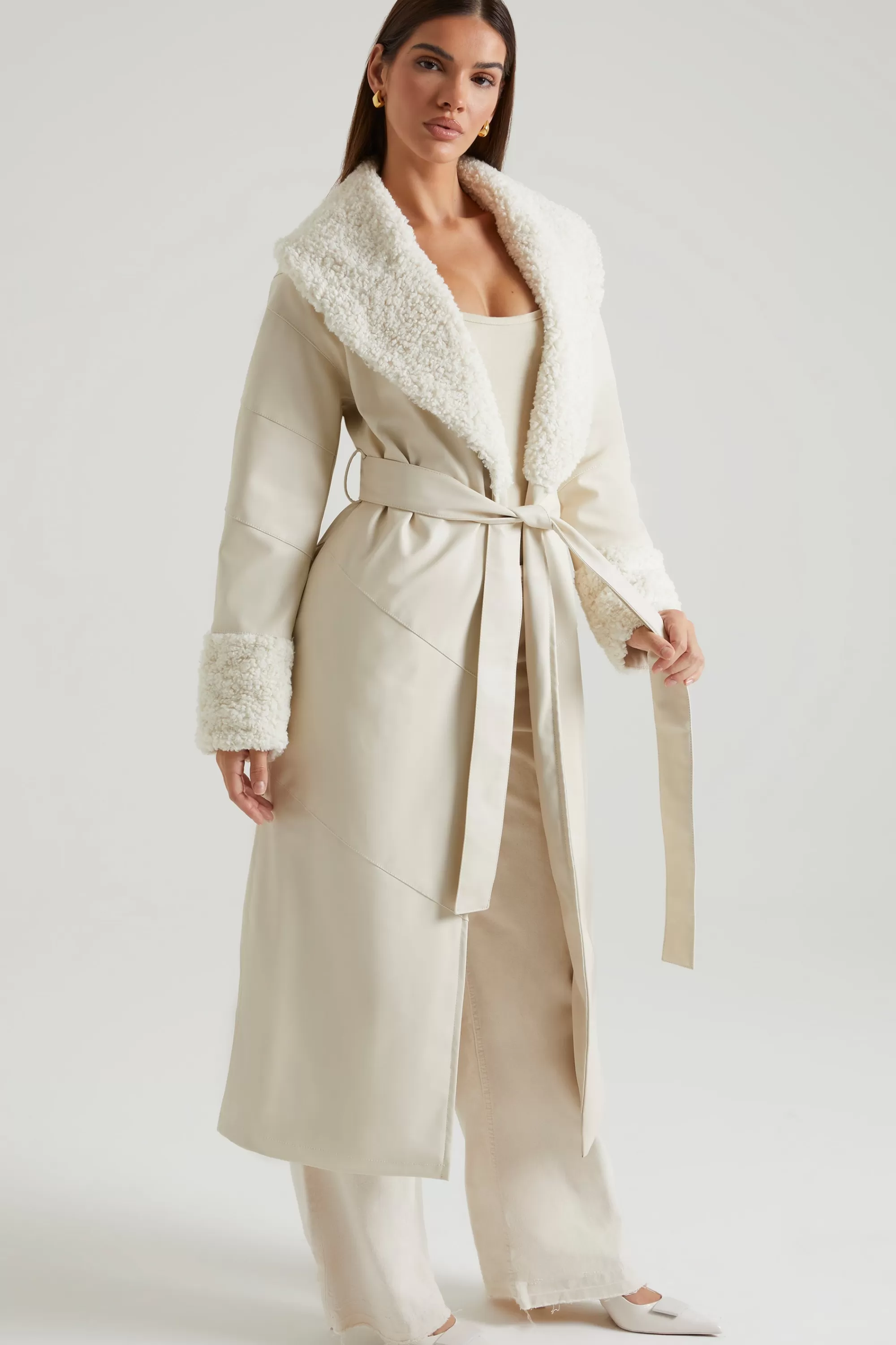 Oh Polly Tie Up Coat with Shearling Collar and Cuffs in Cream Outlet