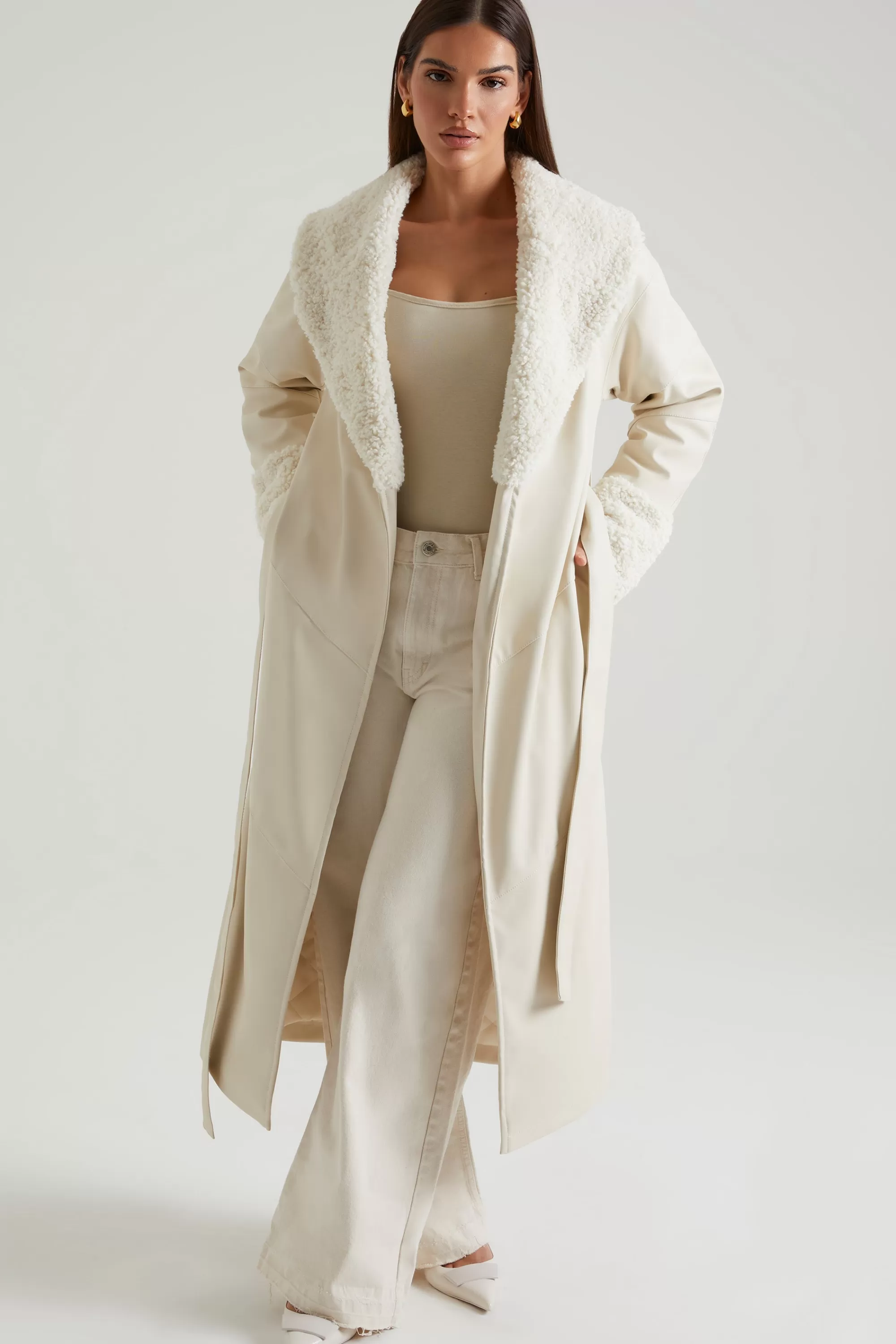 Oh Polly Tie Up Coat with Shearling Collar and Cuffs in Cream Outlet