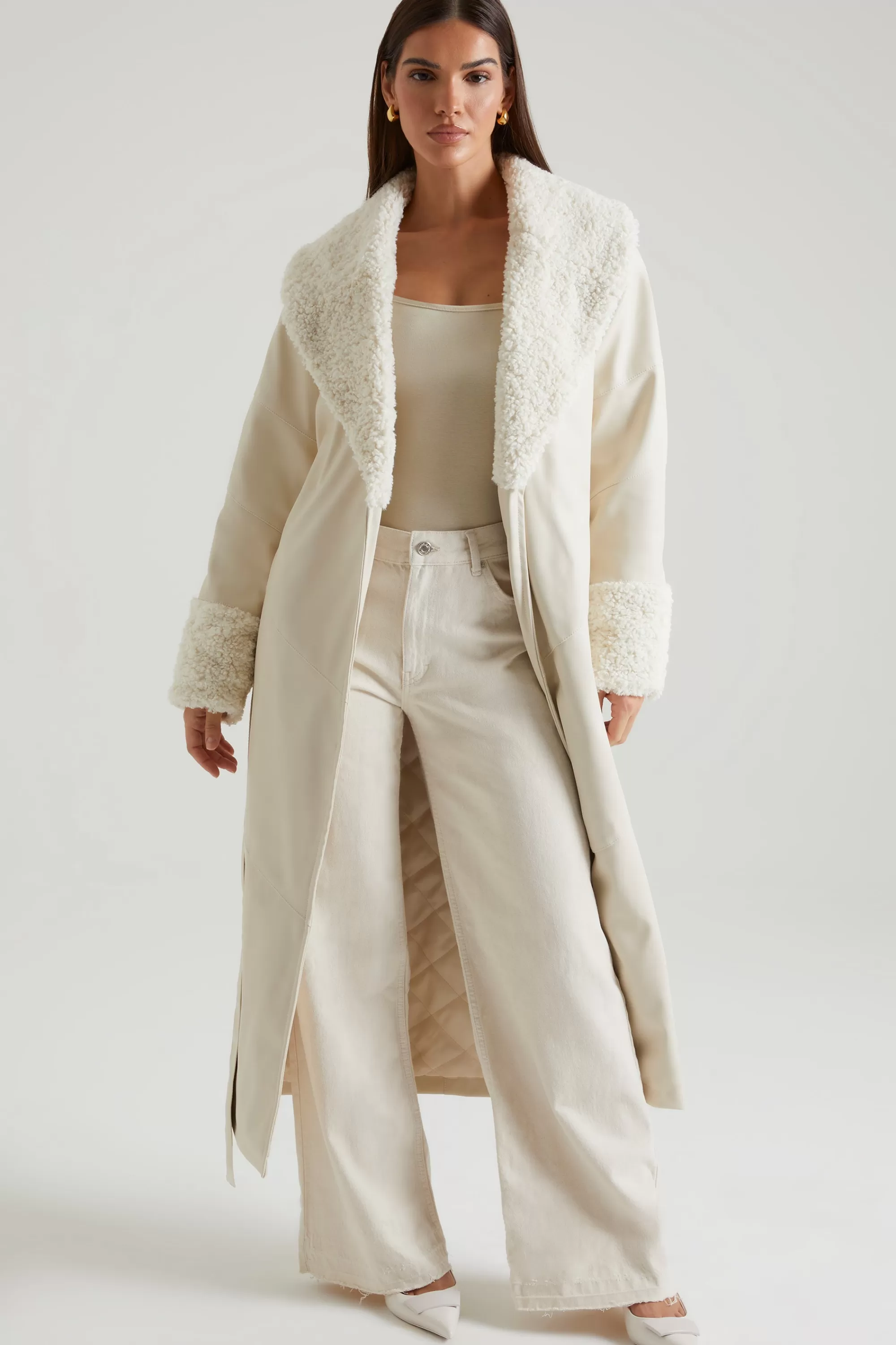 Oh Polly Tie Up Coat with Shearling Collar and Cuffs in Cream Outlet