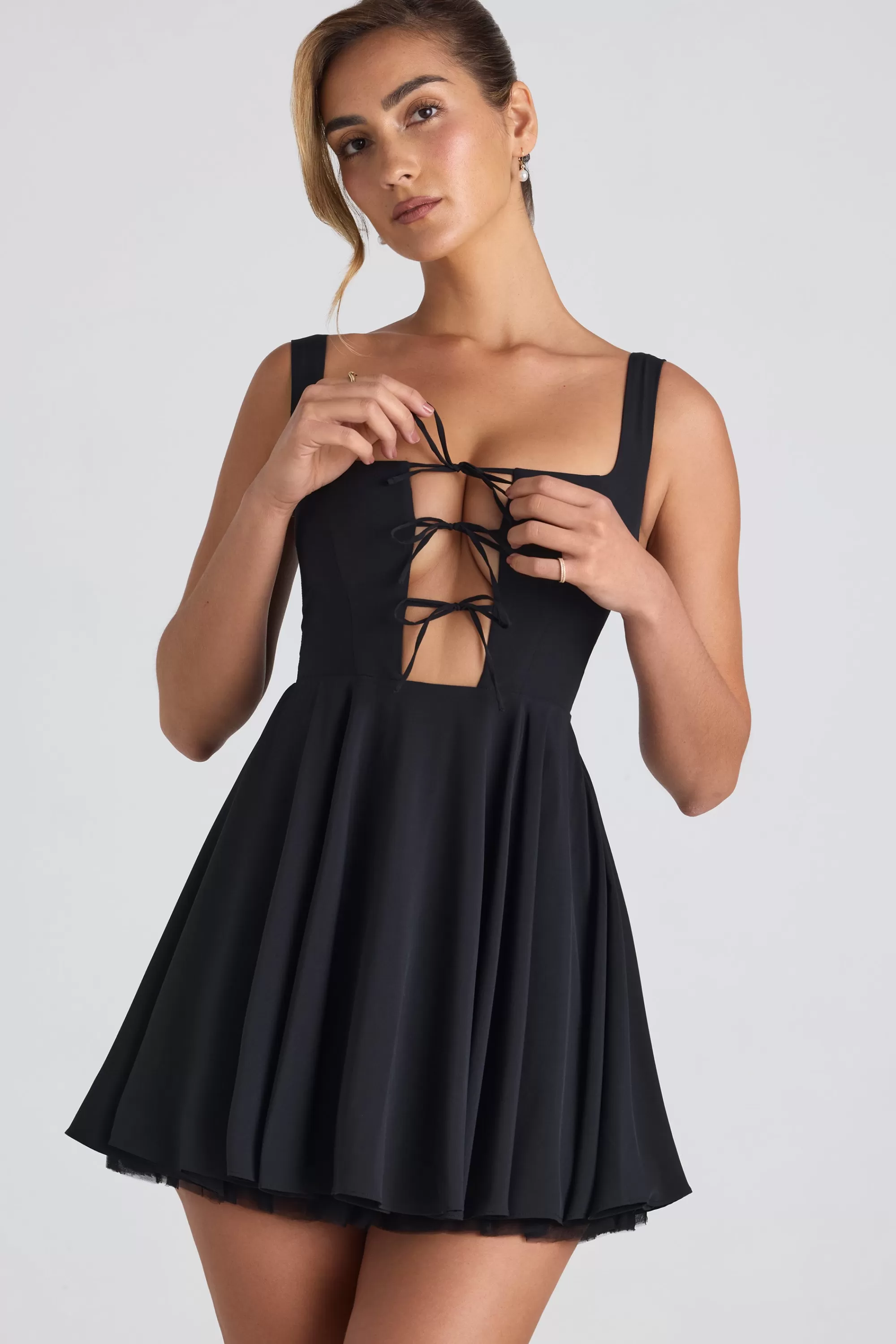 Oh Polly Tie-Detail A-Line Micro Mini Dress in Black Hot