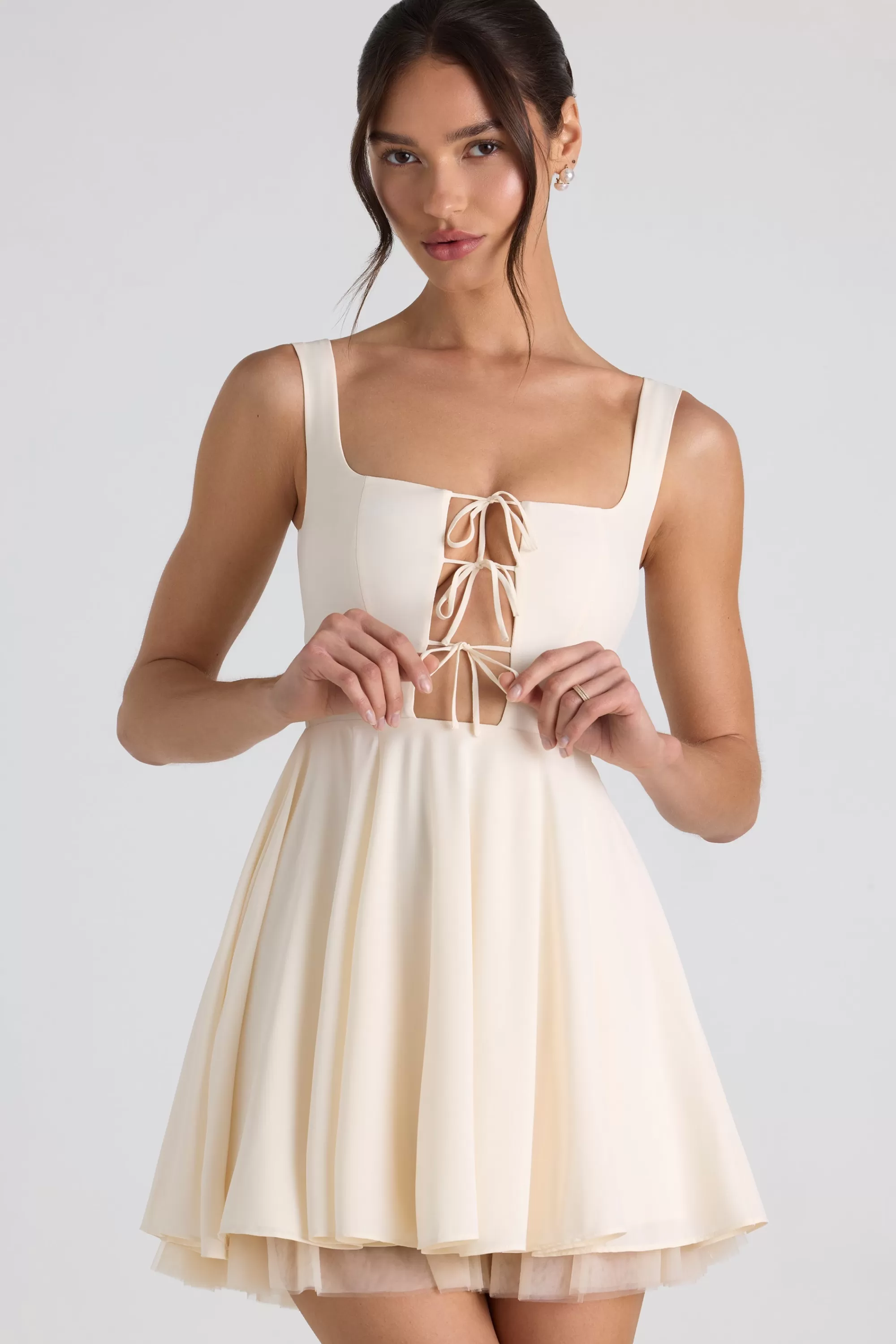 Oh Polly Tie-Detail A-Line Micro Mini Dress in Ivory Cheap