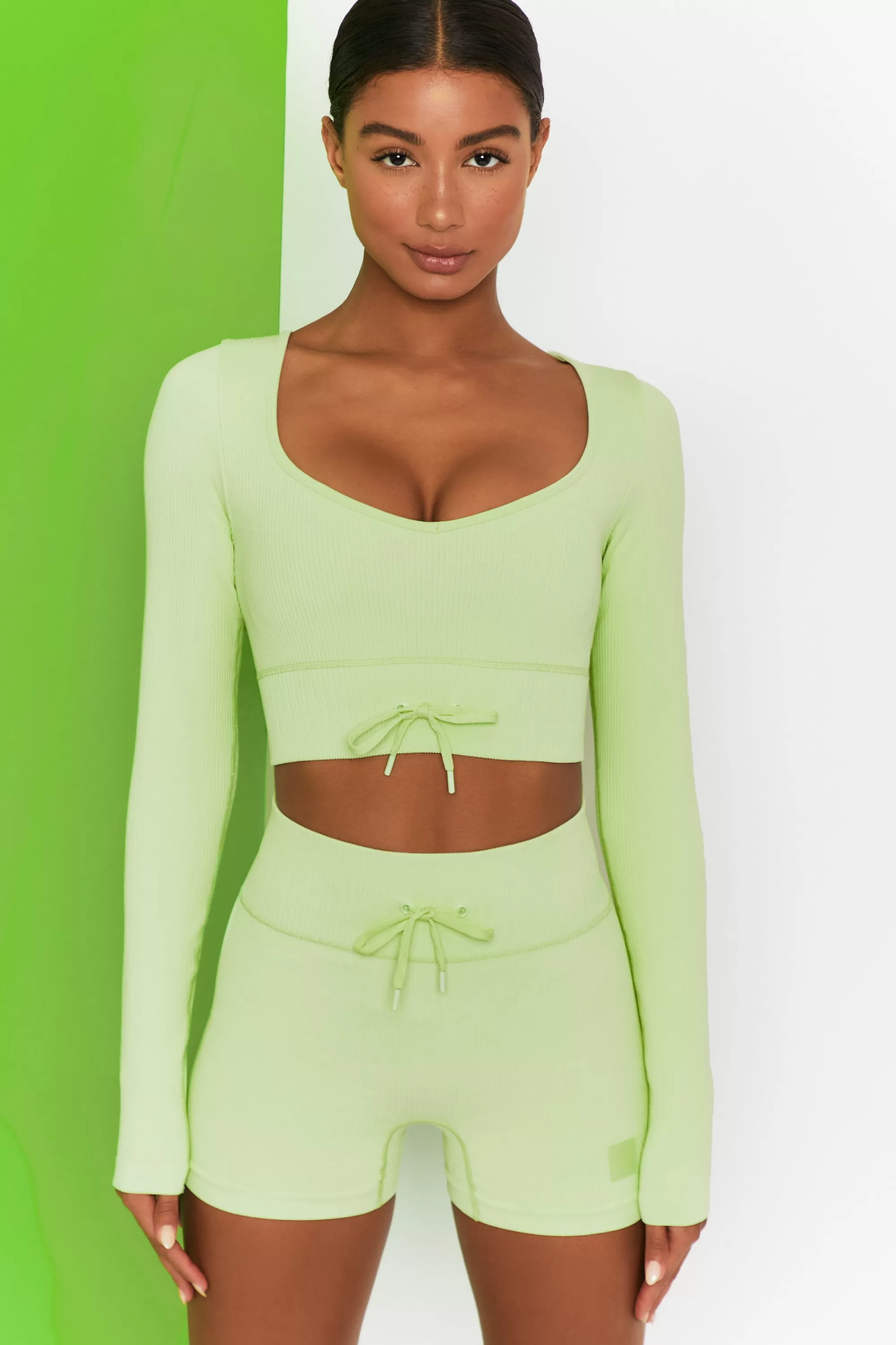 Oh Polly Time Check Ribbed Long Sleeve Crop Top in Lime Clearance