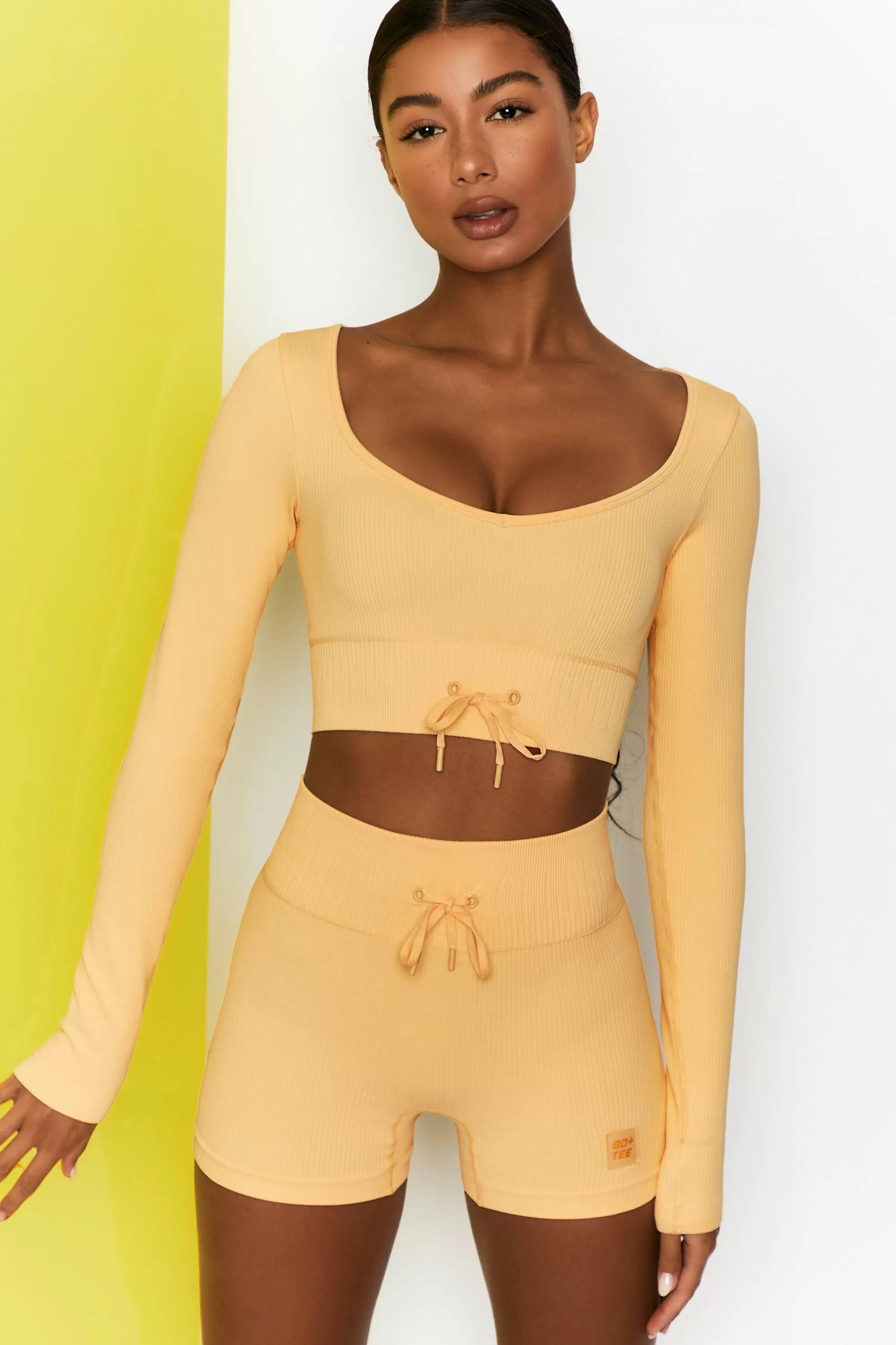 Oh Polly Time Check Ribbed Long Sleeve Crop Top in Yellow New