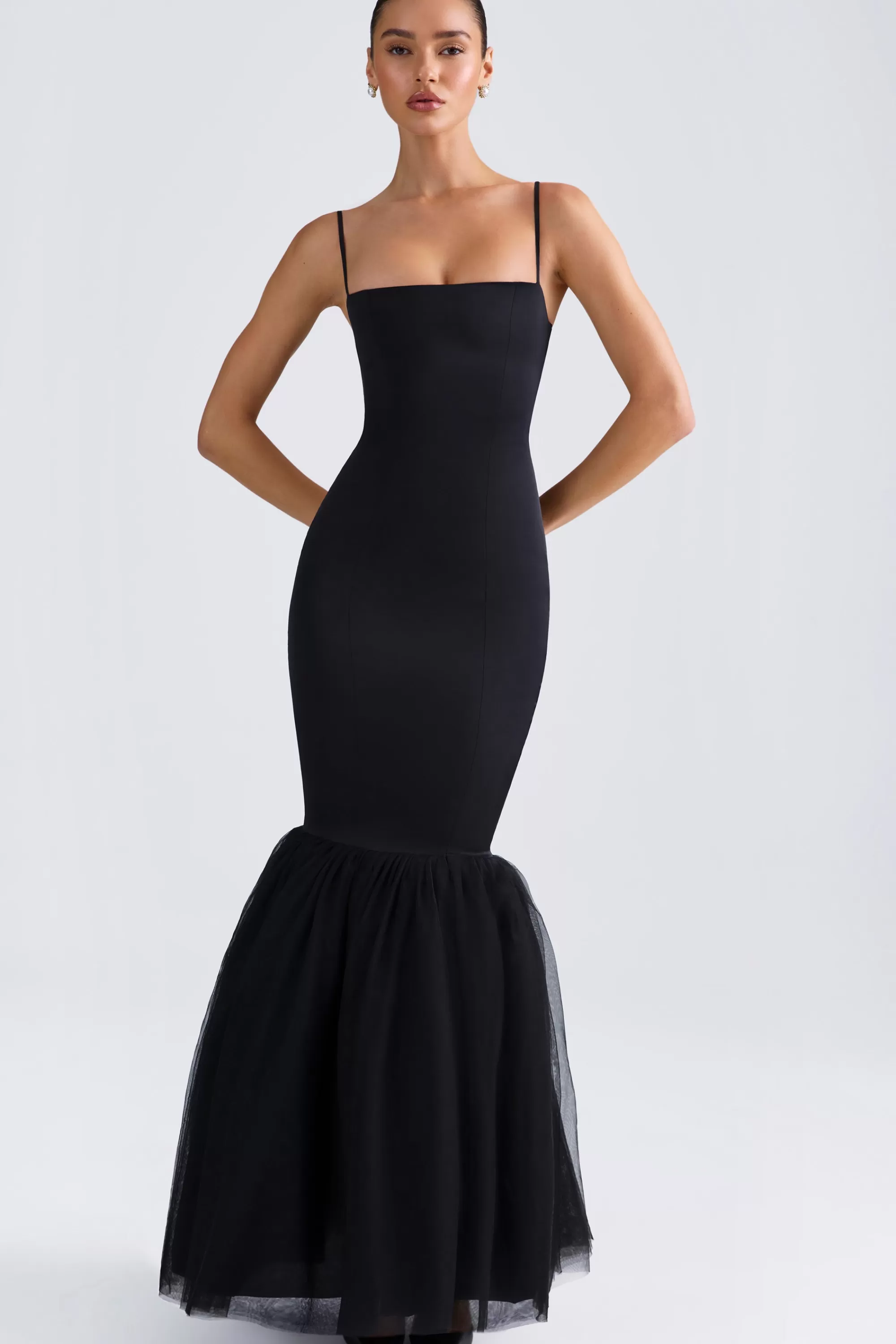 Oh Polly Tulle Hem Fishtail Gown in Black Best Sale