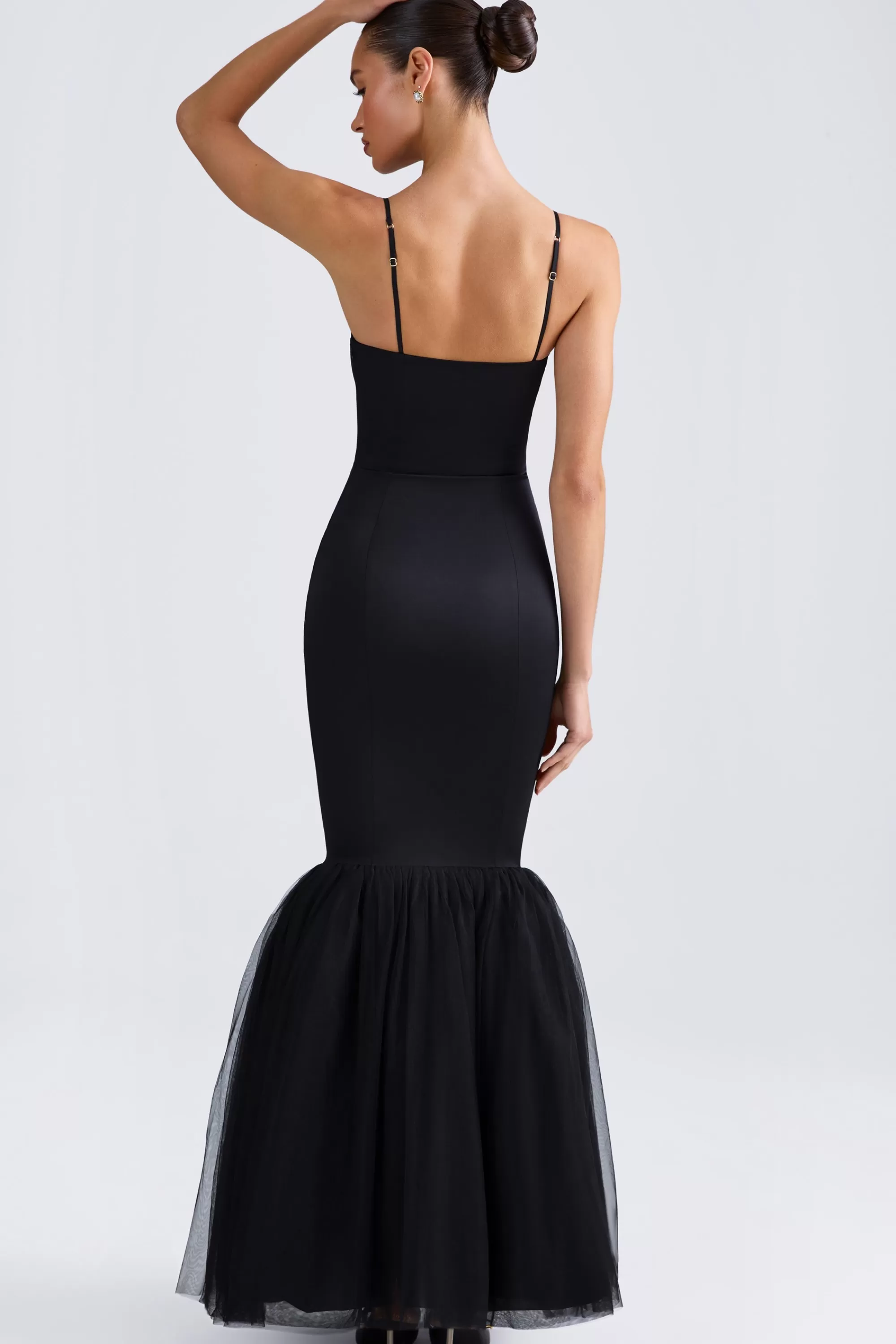 Oh Polly Tulle Hem Fishtail Gown in Black Best Sale