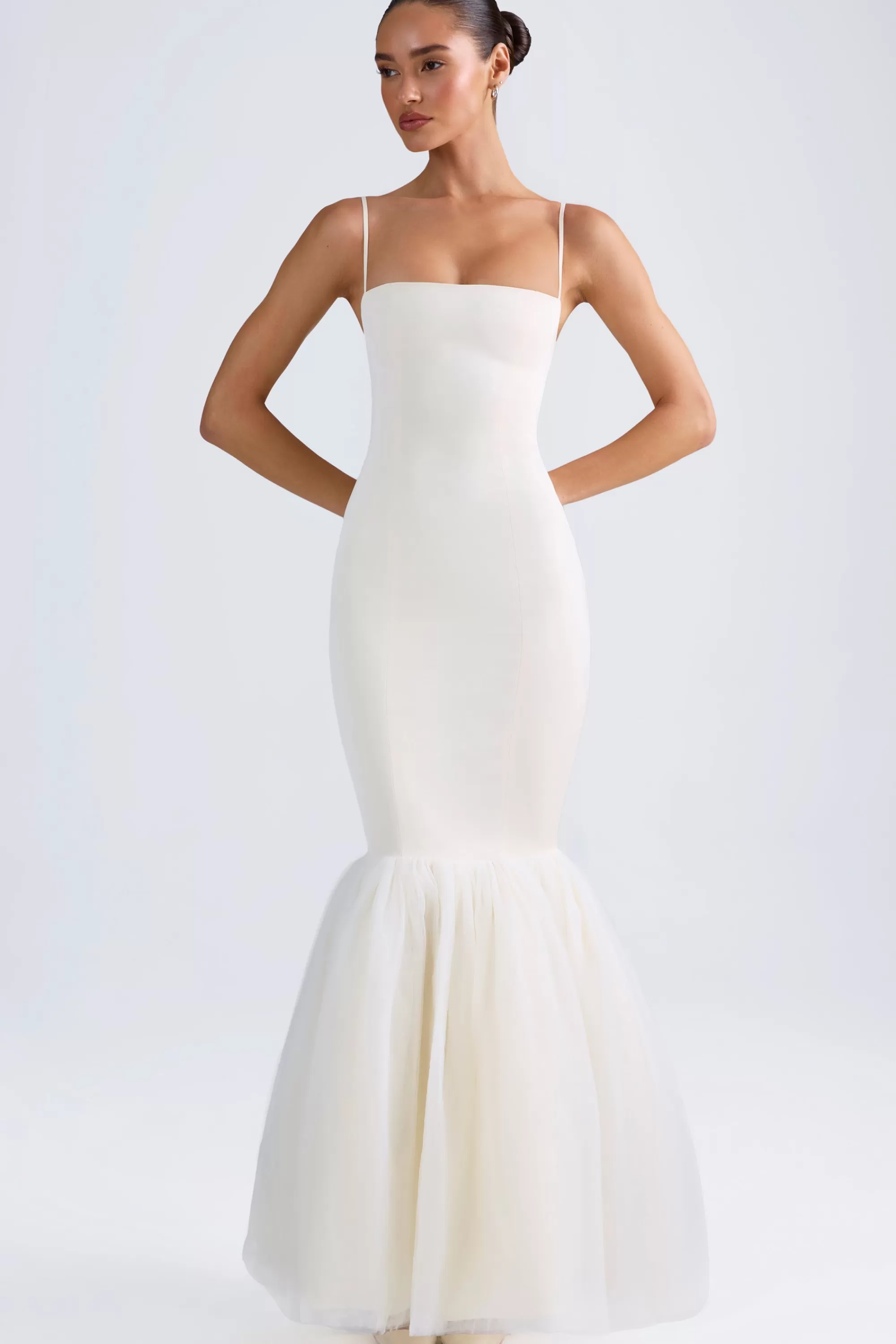 Oh Polly Tulle Hem Fishtail Gown in Ivory Store