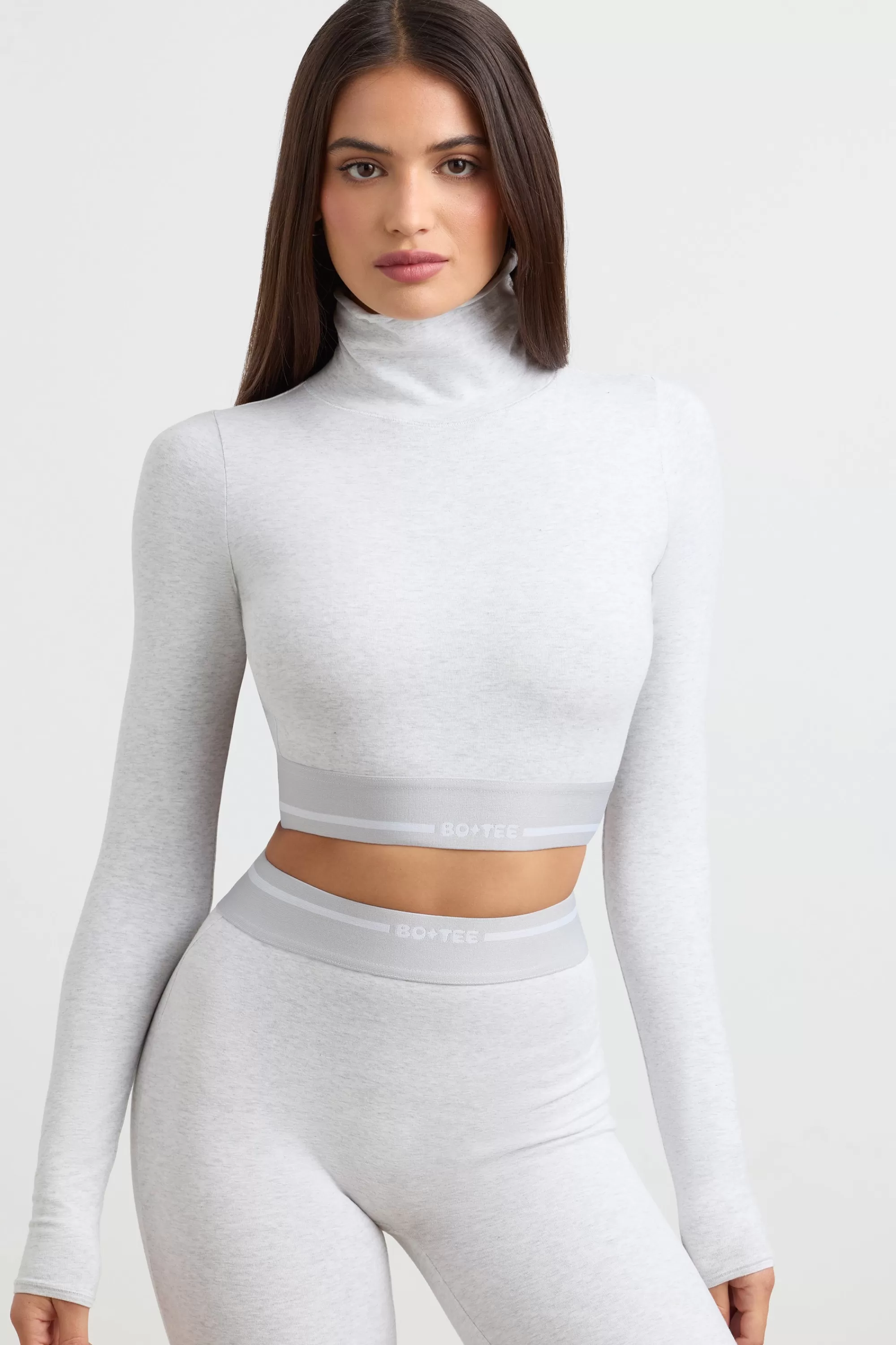 Oh Polly Turtleneck Backless Long-Sleeve Crop Top in Grey Marl GreyMarl Discount