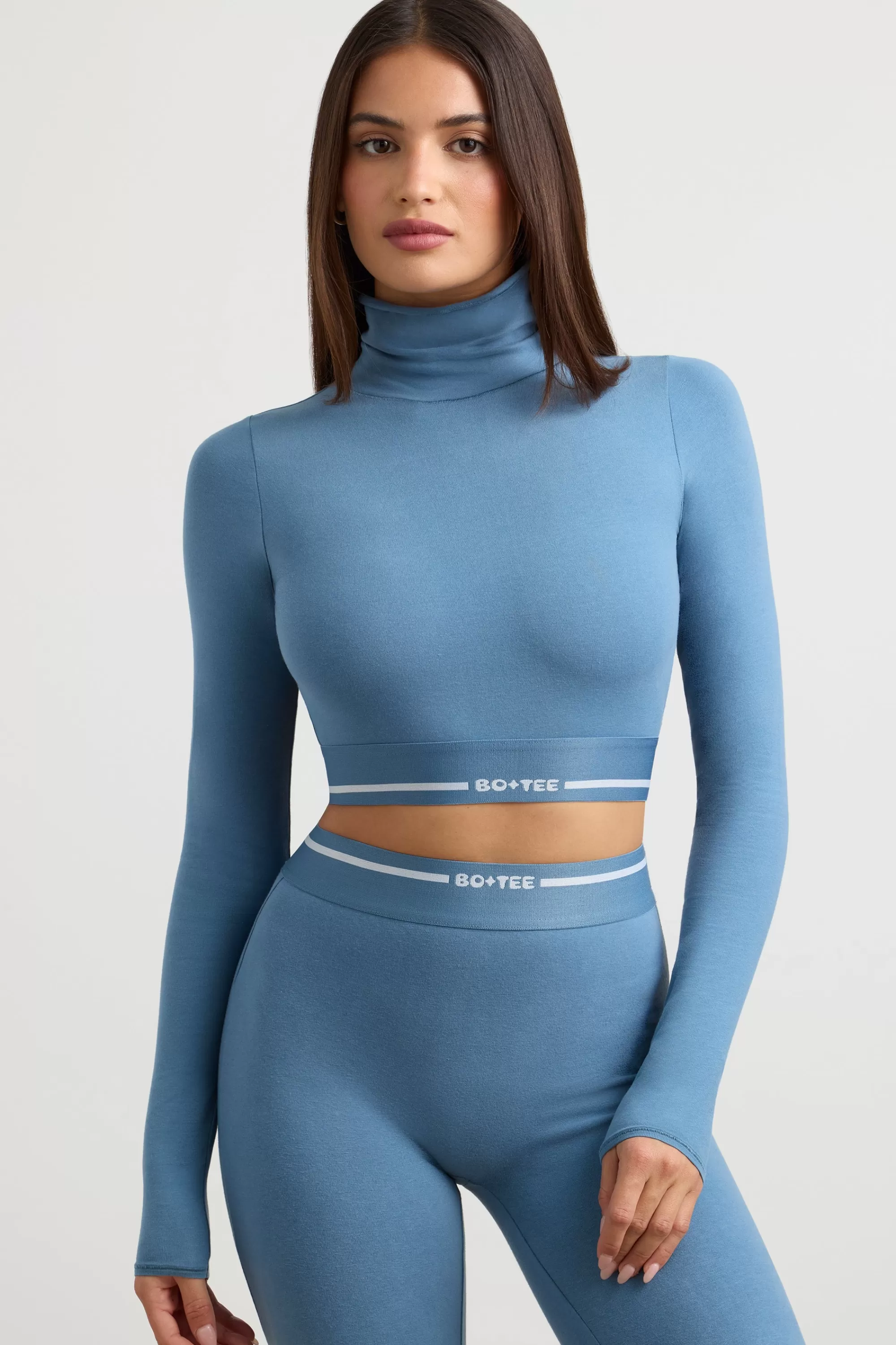 Oh Polly Turtleneck Backless Long-Sleeve Crop Top in Steel Blue SteelBlue Store