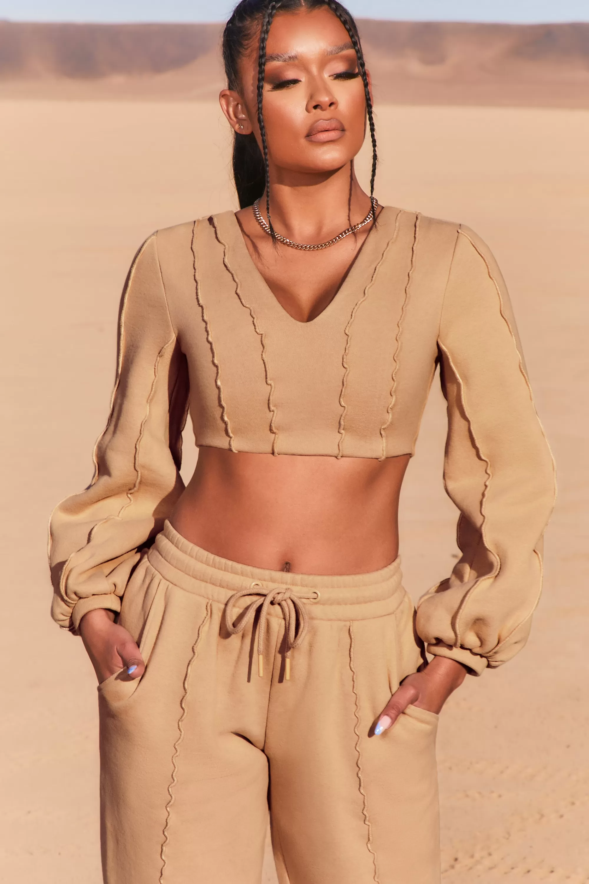 Oh Polly Uncovered Exposed Seam Bardot Crop Top in Beige Best