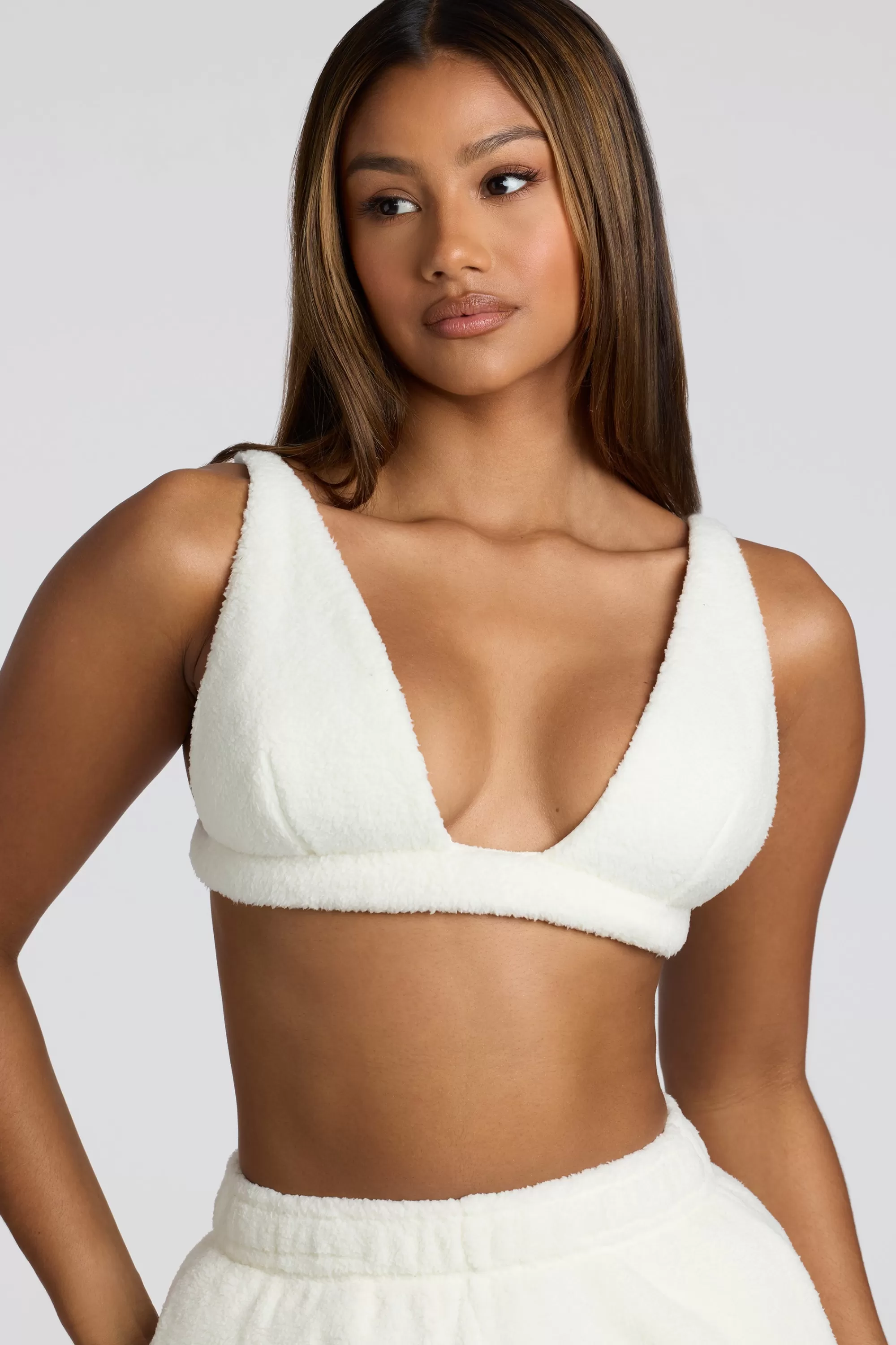 Oh Polly V Neck Fleece Bralette in White Best Sale