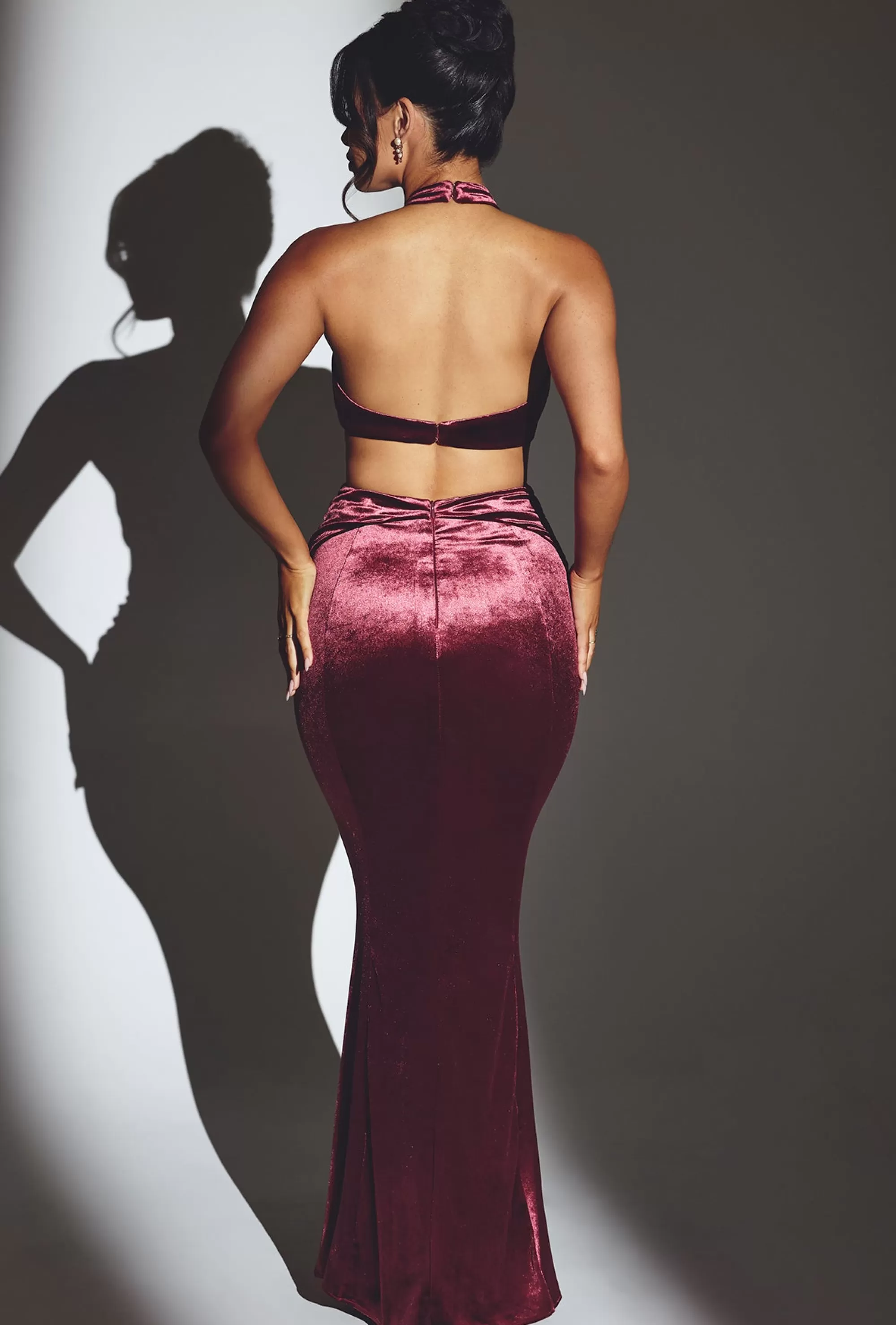 Oh Polly Velvet Halter Neck Maxi Dress in Wine Outlet