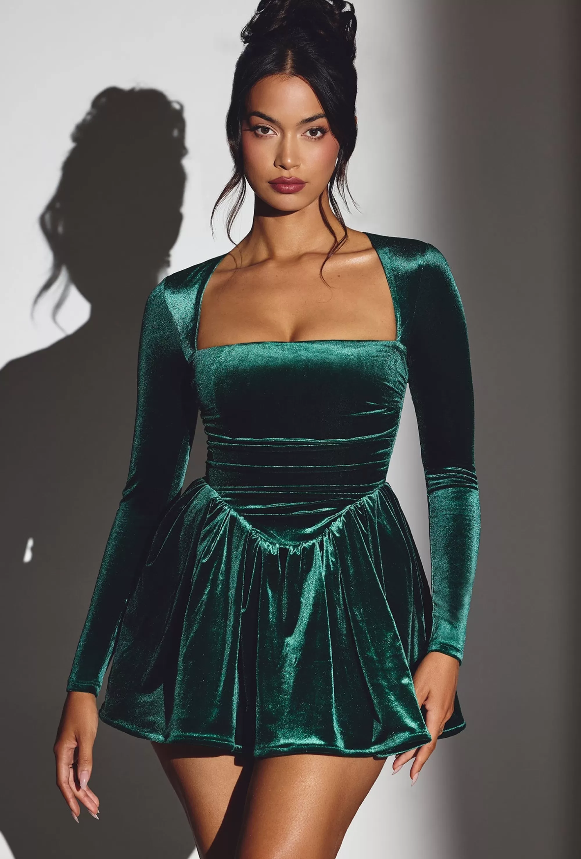 Oh Polly Velvet Long Sleeve Corset Mini Dress in Emerald Green EmeraldGreen Flash Sale