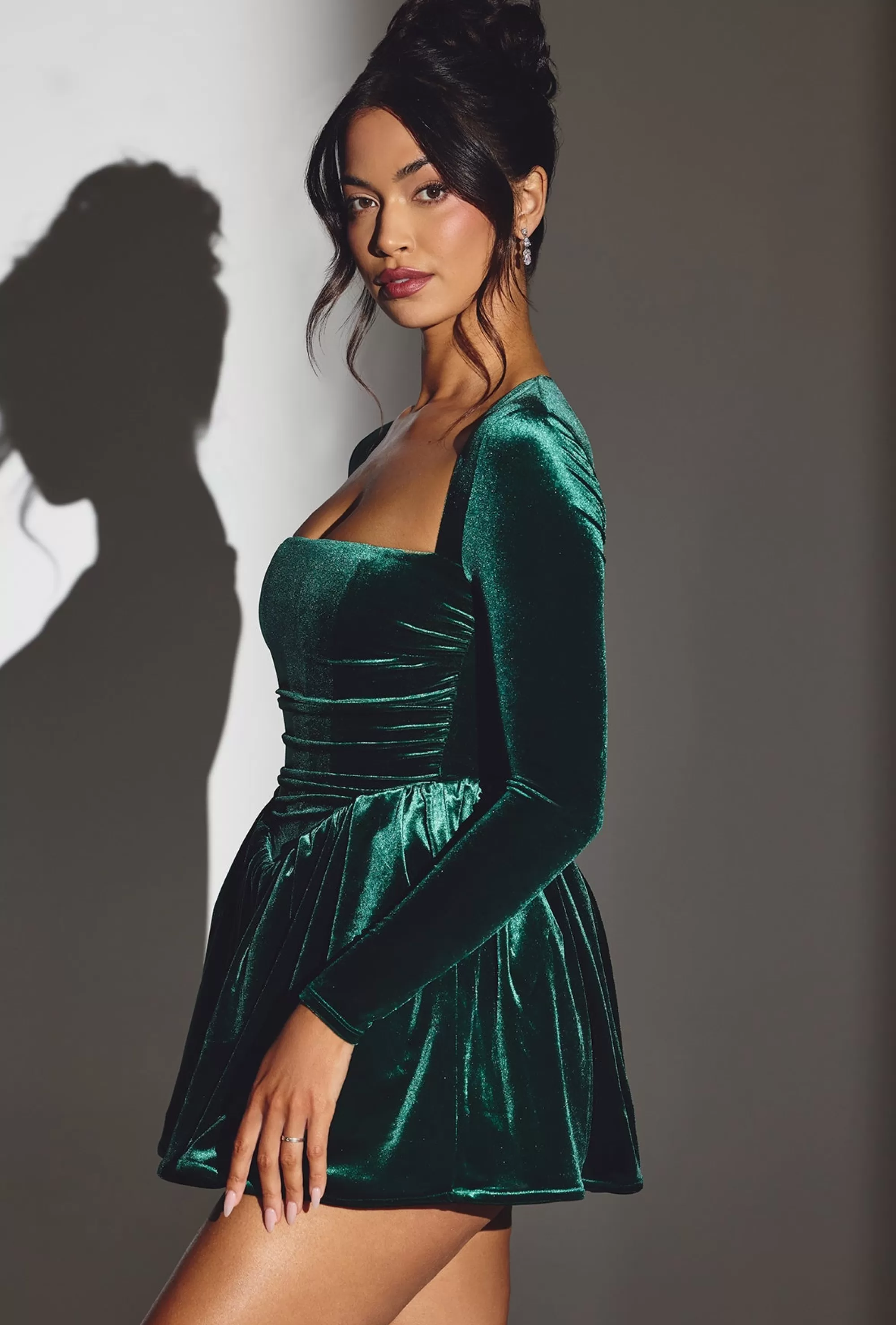 Oh Polly Velvet Long Sleeve Corset Mini Dress in Emerald Green EmeraldGreen Flash Sale