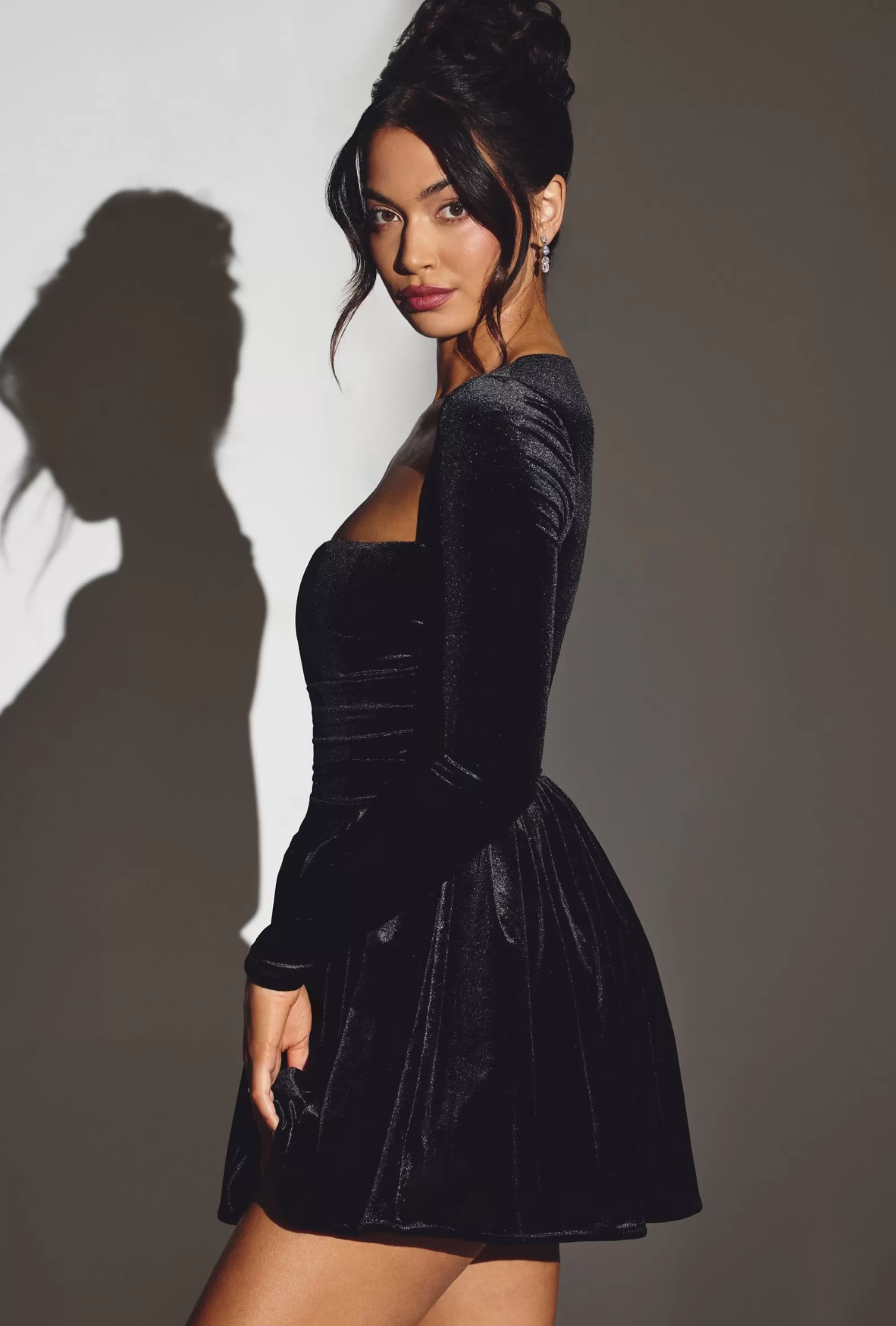 Oh Polly Velvet Long Sleeve Corset Mini Dress in Jet Black JetBlack Flash Sale