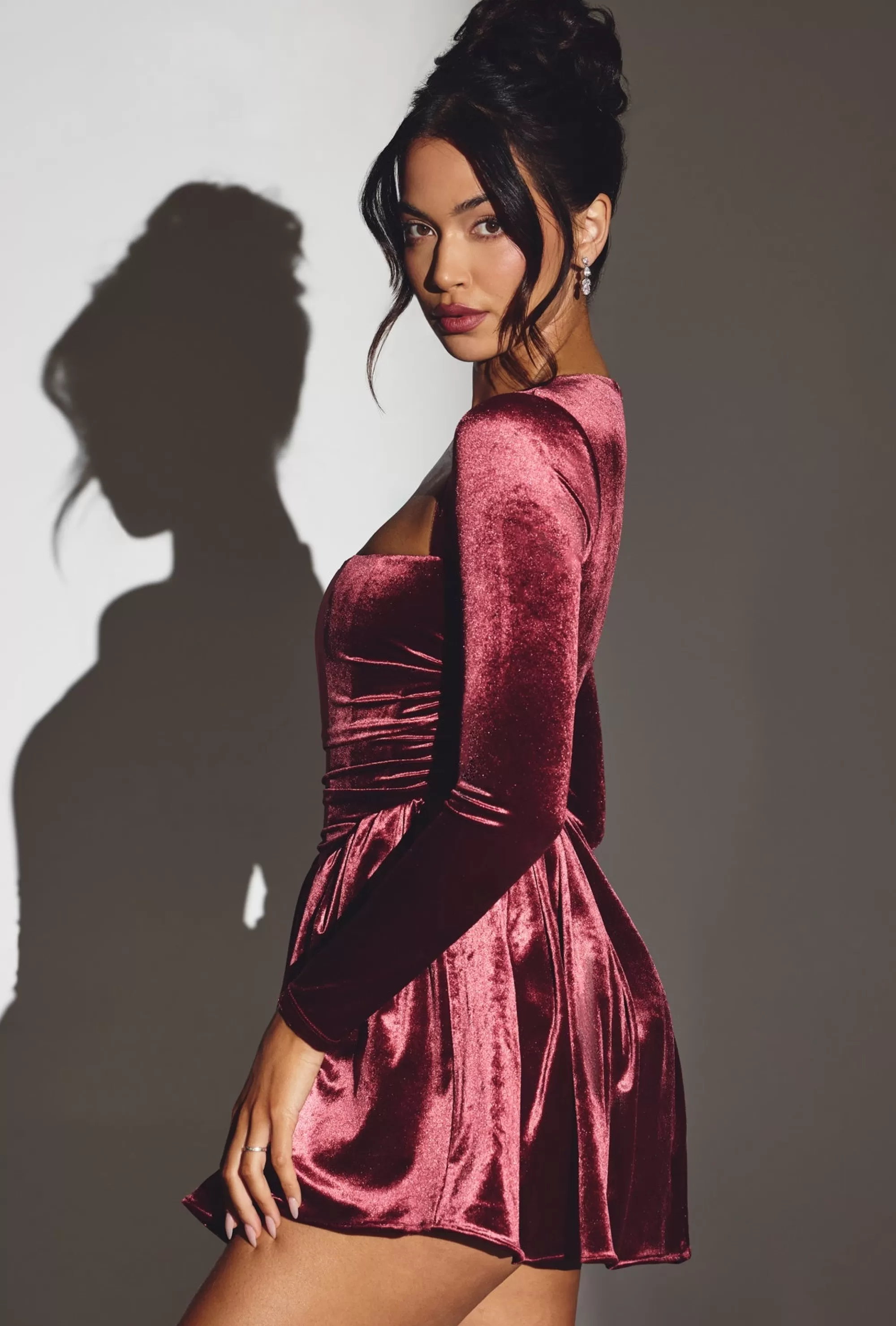 Oh Polly Velvet Long Sleeve Corset Mini Dress in Wine Store