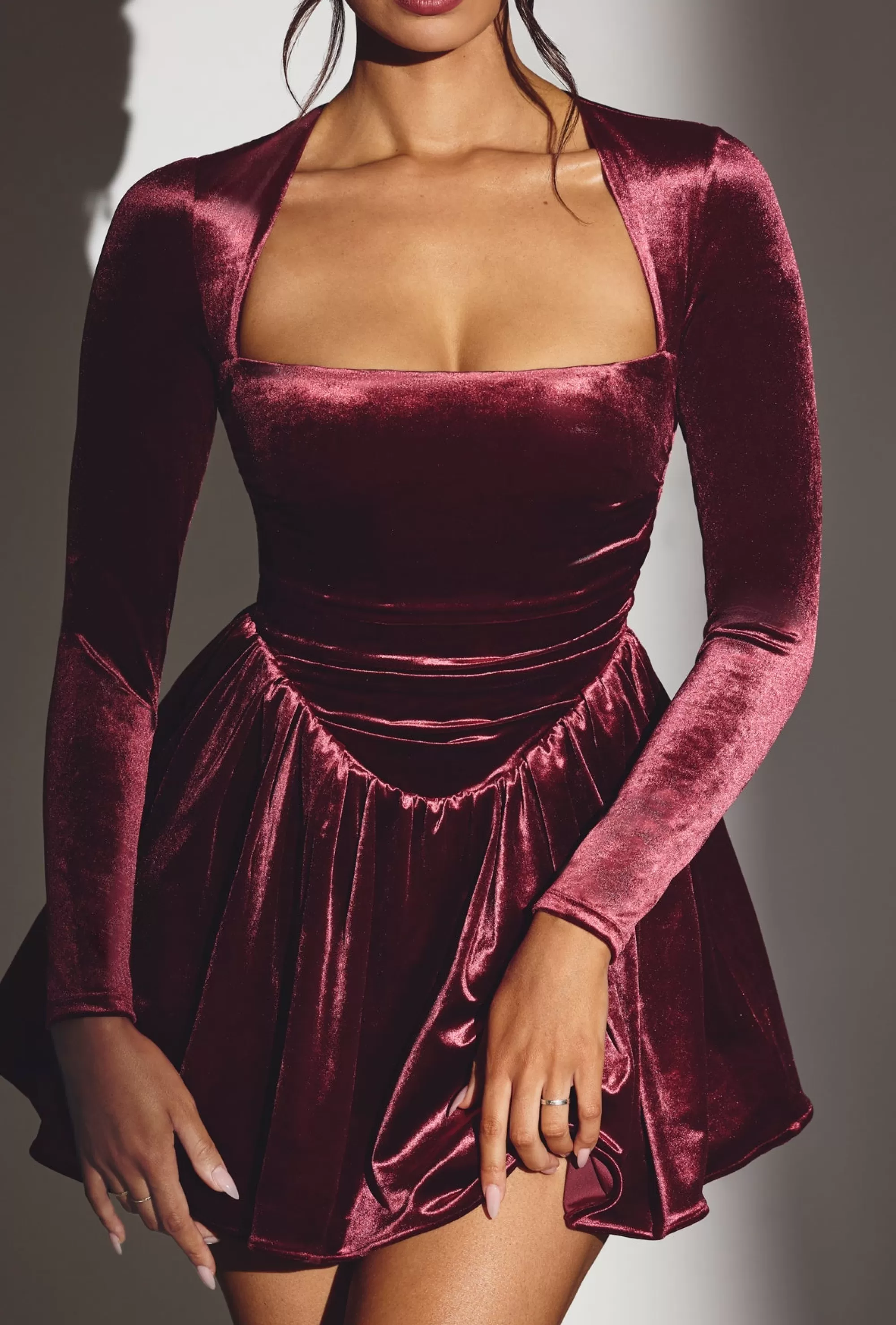 Oh Polly Velvet Long Sleeve Corset Mini Dress in Wine Store
