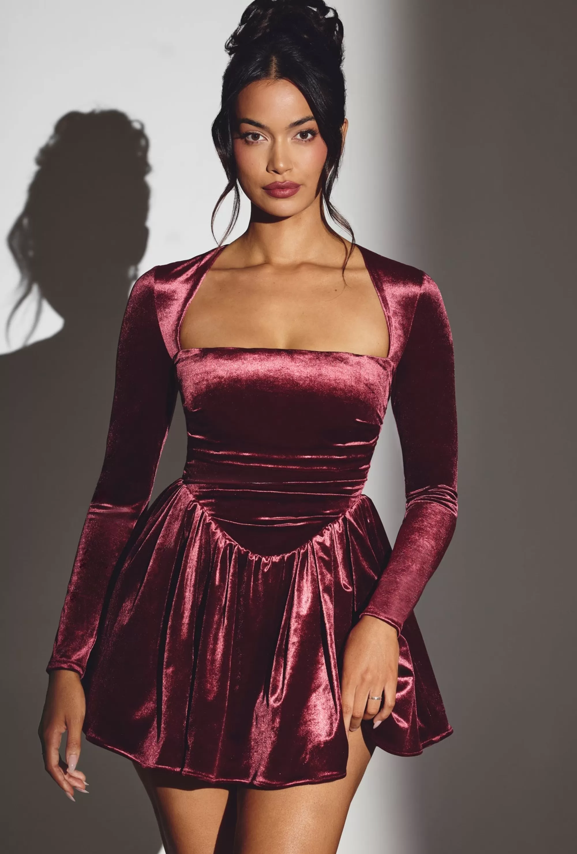 Oh Polly Velvet Long Sleeve Corset Mini Dress in Wine Store
