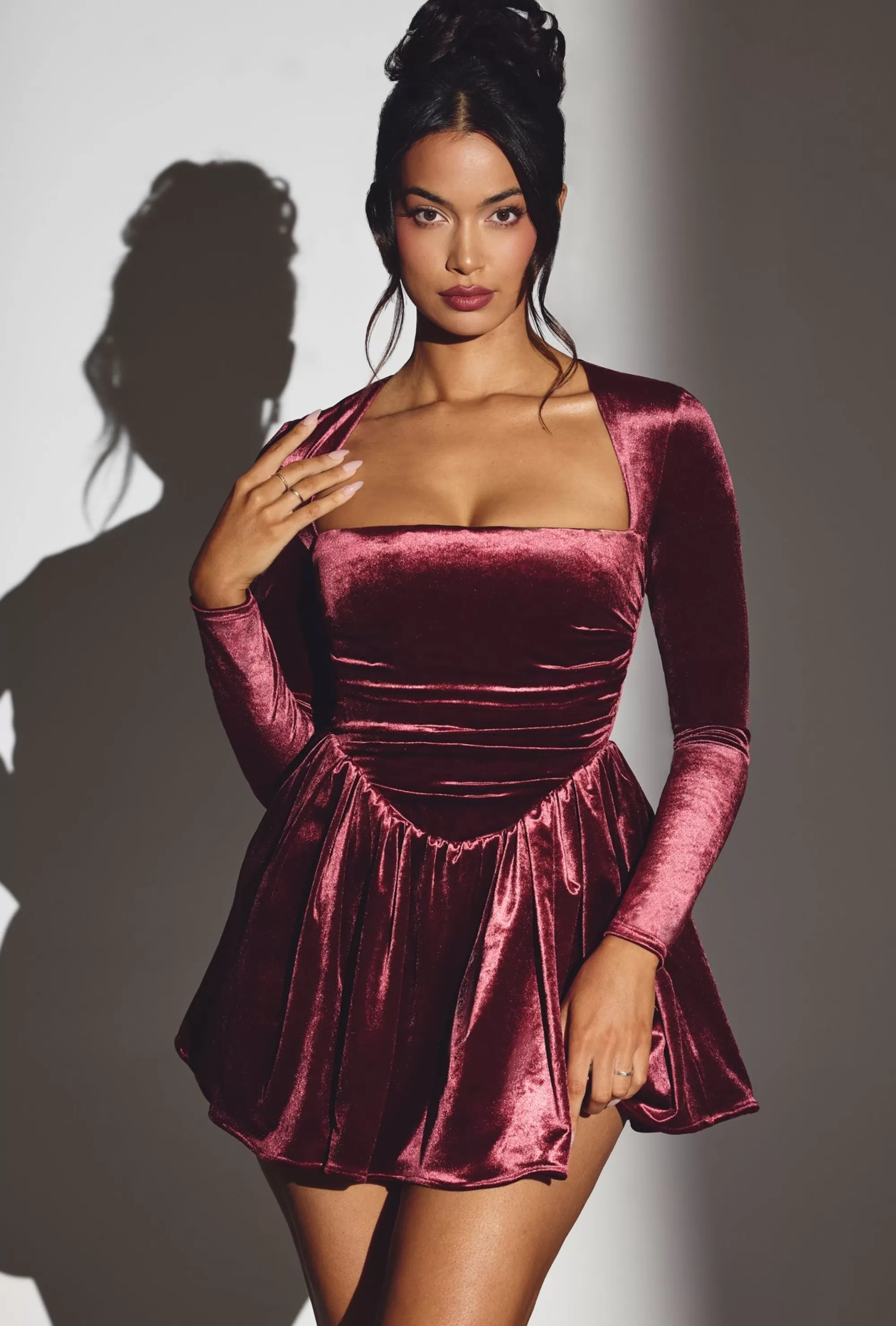 Oh Polly Velvet Long Sleeve Corset Mini Dress in Wine Store