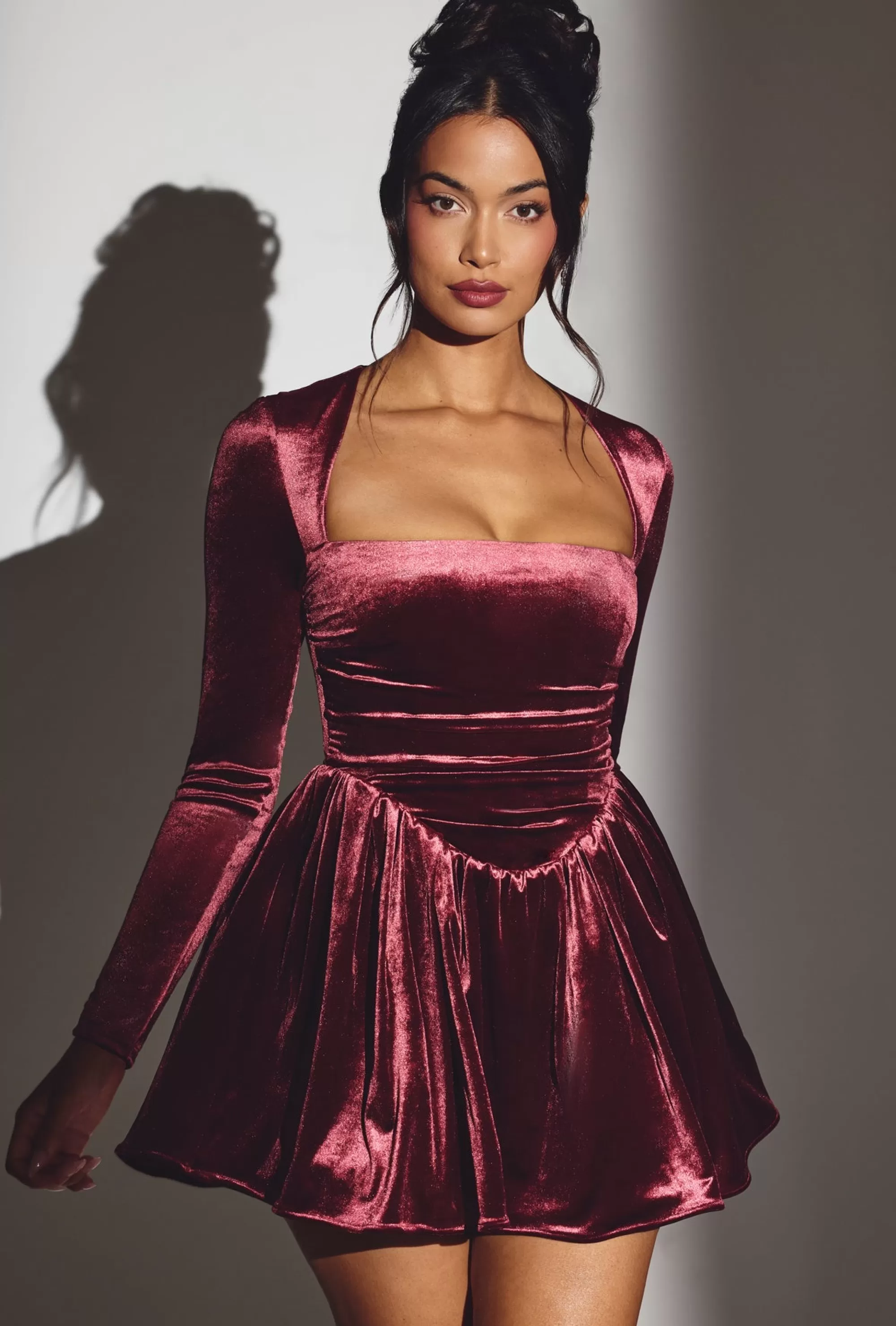 Oh Polly Velvet Long Sleeve Corset Mini Dress in Wine Store