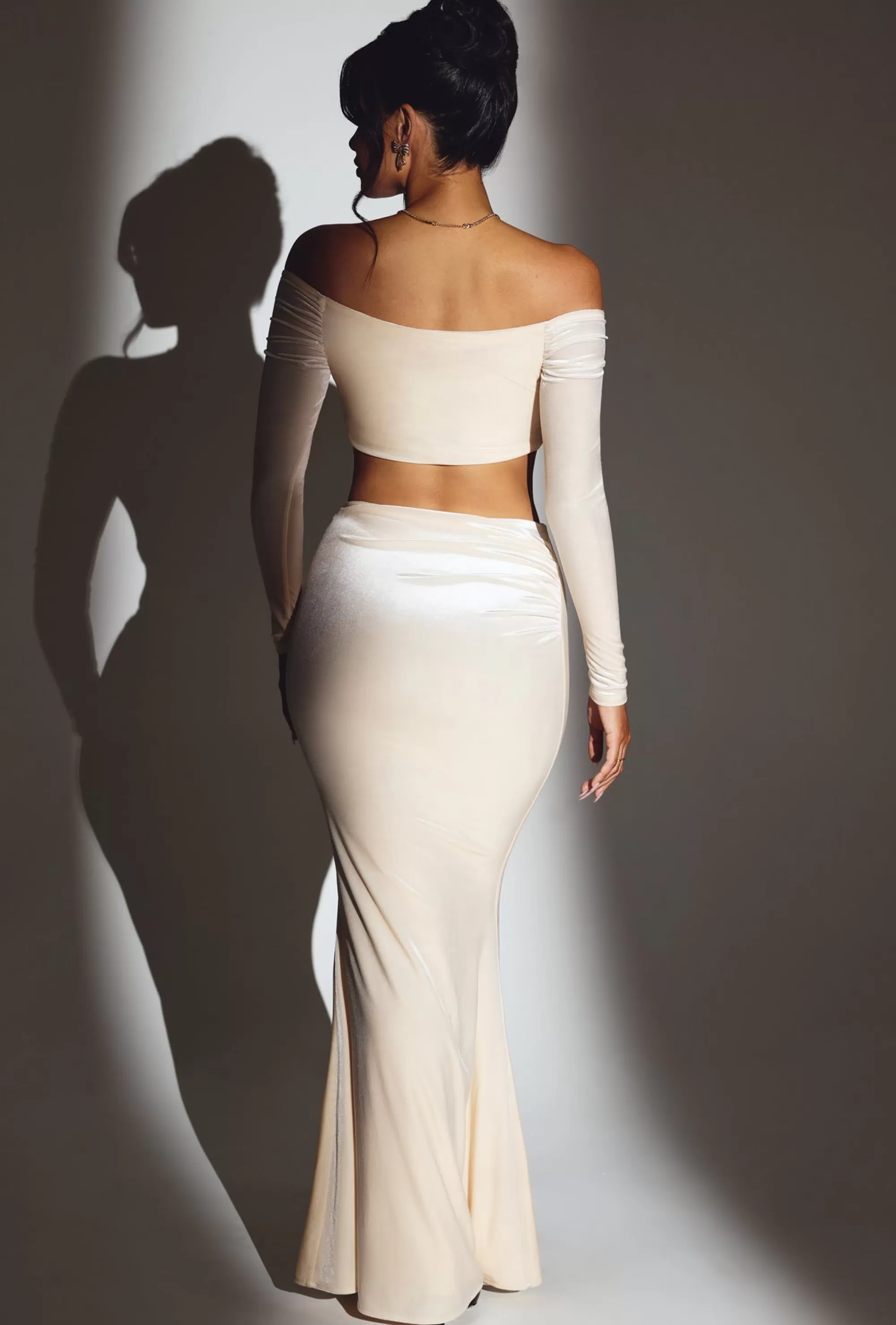 Oh Polly Velvet Off The Shoulder Ruched Crop Top in Ivory New